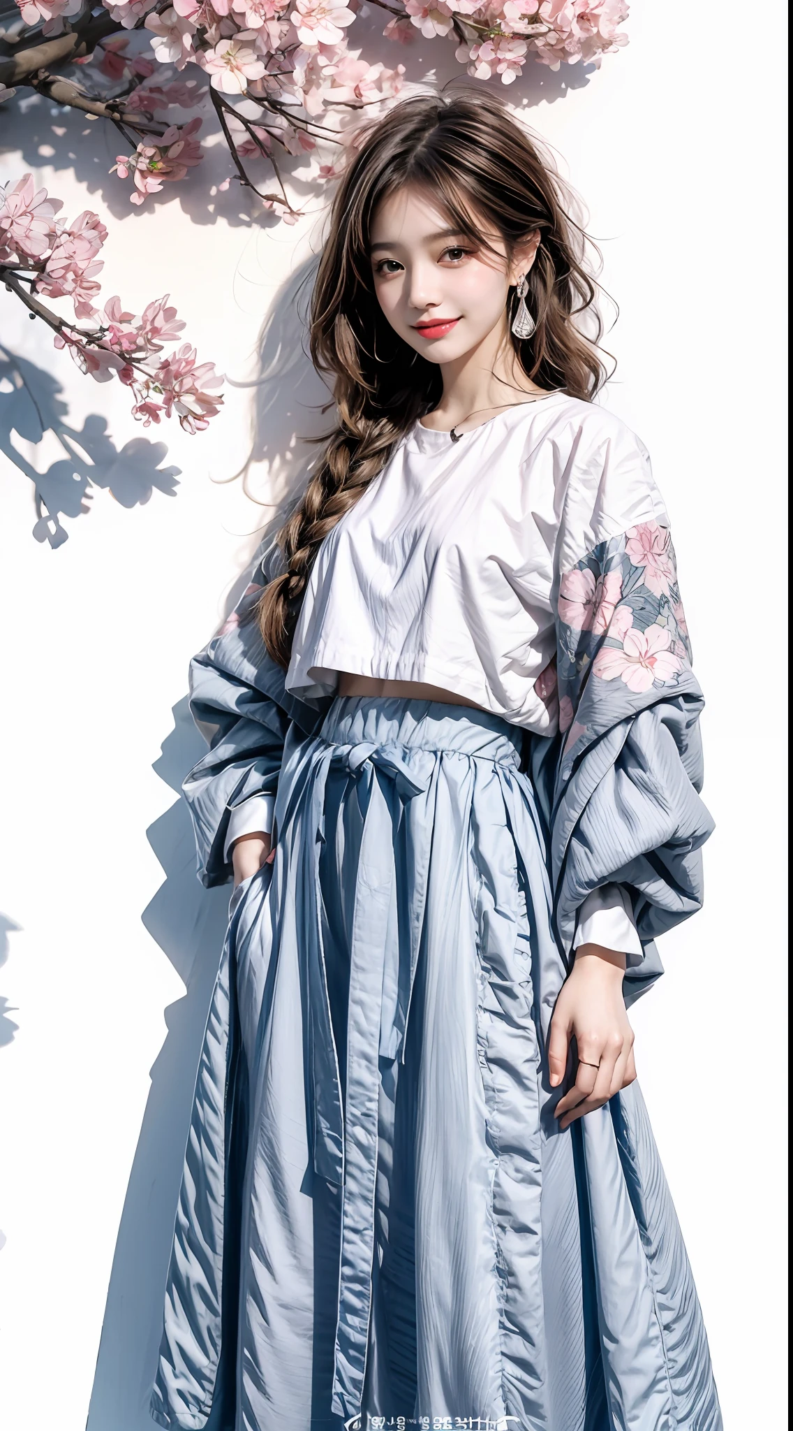 Girl under the cherry blossom tree,Young fashion trend girl,long skirt,with a pure white background,ssmile,self-assured,Sunny light and shadow,Artistic photo style,Trend illustration,The background reflects the Korean atmosphere