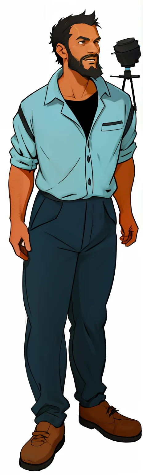 (35-year-old cartoon old man full body close-up) Astronomer with short black hair and a seedling beard strong