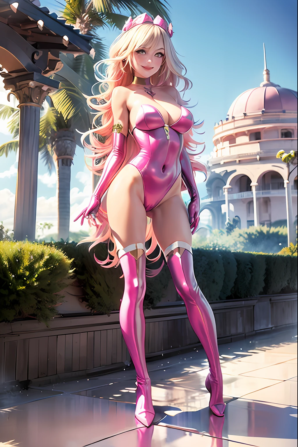 pale blonde woman, smiling, long wavy hair, naked, bright pink thigh-high boots, bright pink shoulder-length gloves, vibrant, colorful, by the pool, sunlight on breasts, detailed face