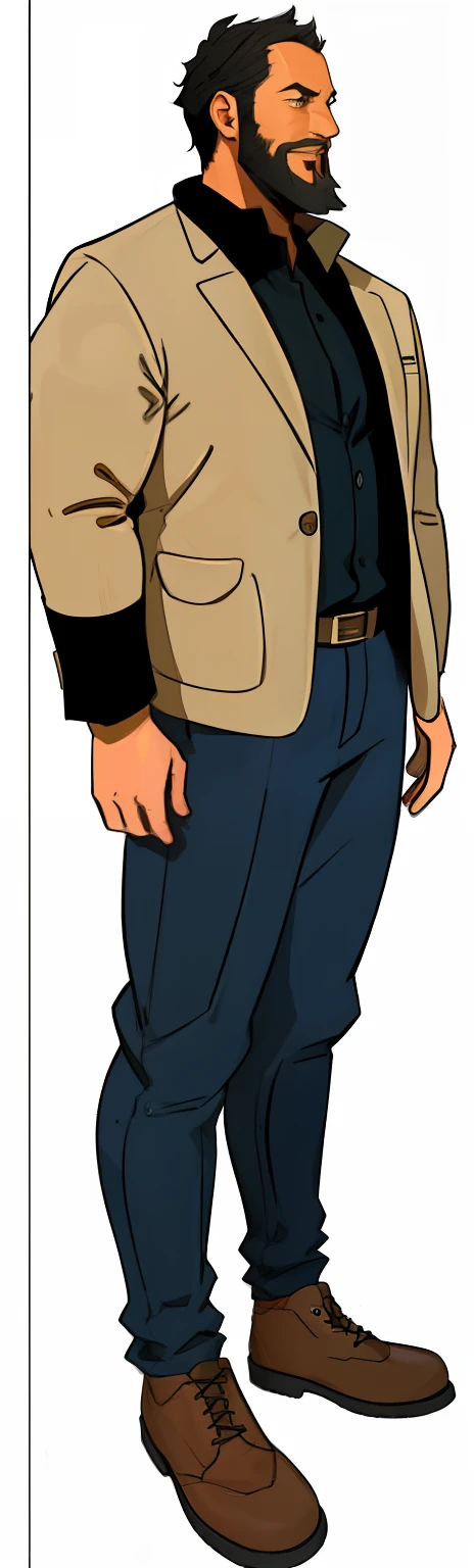 (35-year-old cartoon old man full body close-up) Astronomer with short black hair and a seedling beard strong