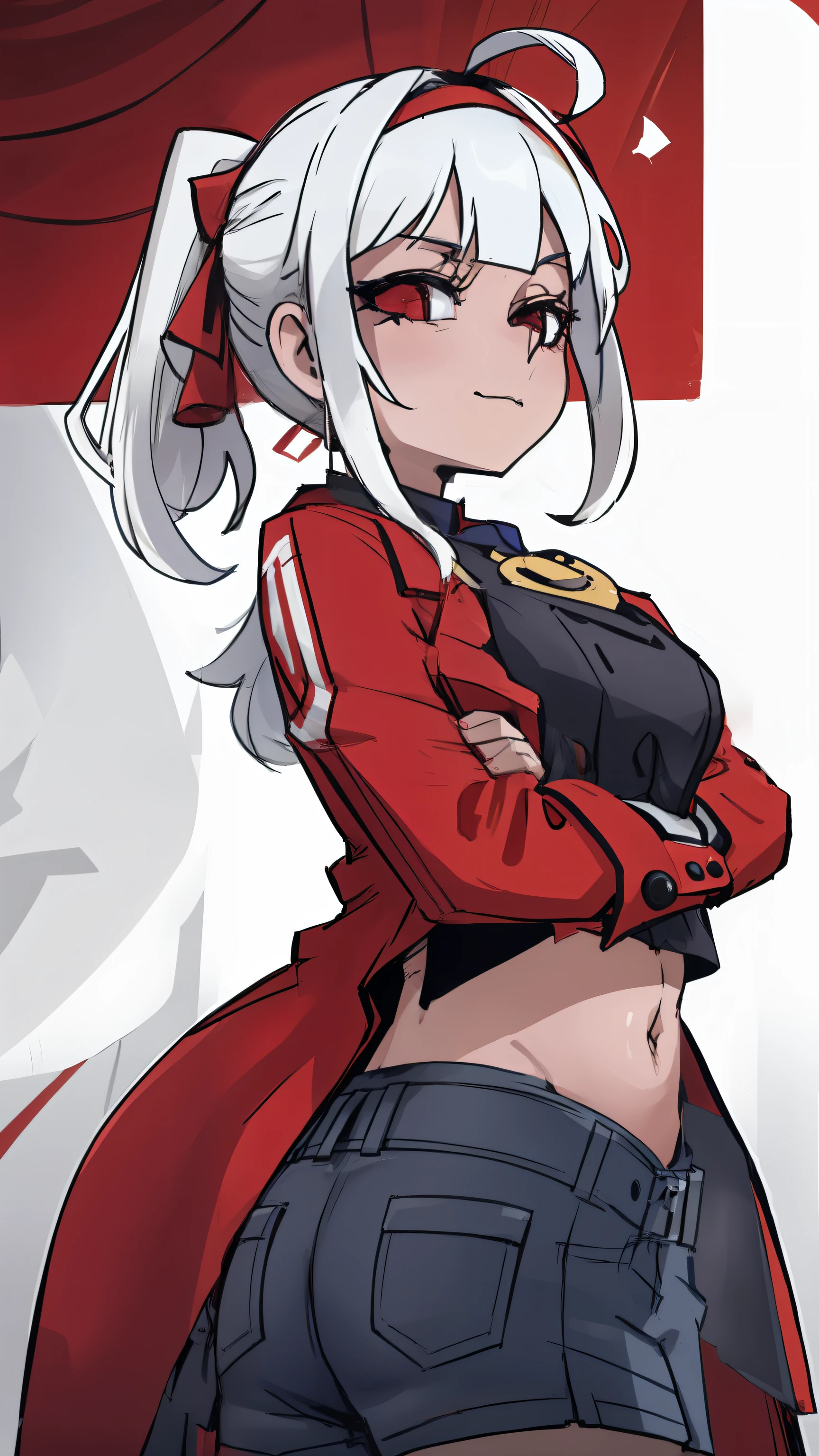 revealing her belly,Red coat