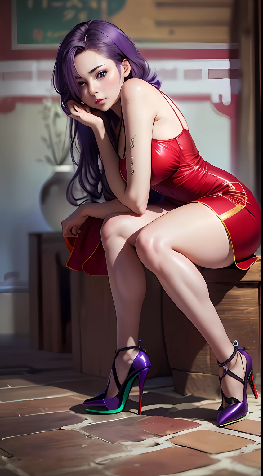 (nsfw:1.2), (8k, RAW photo, best quality, masterpiece: 1.4), ultra high definition, (realistic, photorealistic: 1.48), 20 yrs old, cute girl, (open split red dress with sexy high heels:1.48), Japanese famous actor, (purple hair:1.4), long hair, (hair over one eye:1.3), blue eyes, head tilt, sitting position, fullbody, from the side, looking at viewer, expressionless,  beautiful lake, Zeiss 150mm f/ 2.8 Hasselblad, whole body, foot, super wide angle