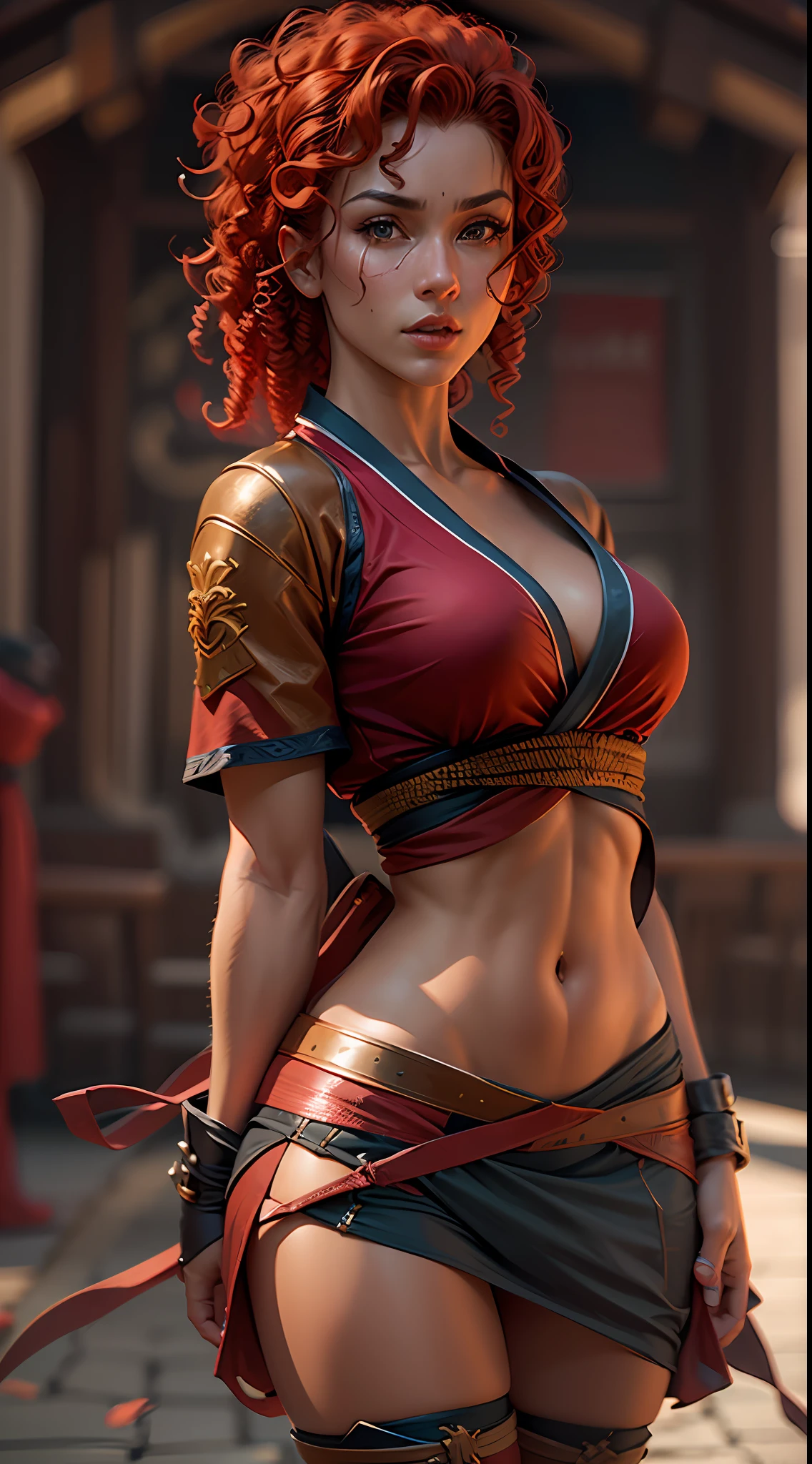 Ultra realism, ultra resolution, HDR, Photo realism, Female 20s, Medium breasts, Medium hips, Full body, Red curly hair, In ninja outfit, Kitana (MK), Greece, Fighting, Red curly hair, 8k