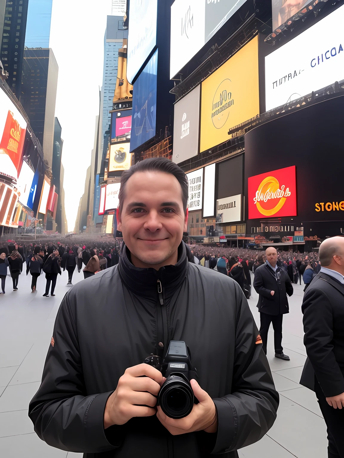 Man holding a camera , in newyork time square, sunrays