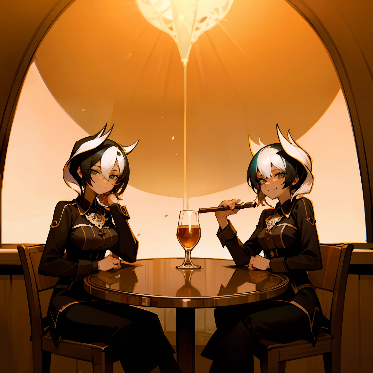 Verabredung am Abend, Fancy Restourant, Sit on the opposite side of the table, smil, Blick in die Kamera, orange tint, Essen auf dem Tisch, Kerze, 1girls, glass of Whiskey in hand, ornate table