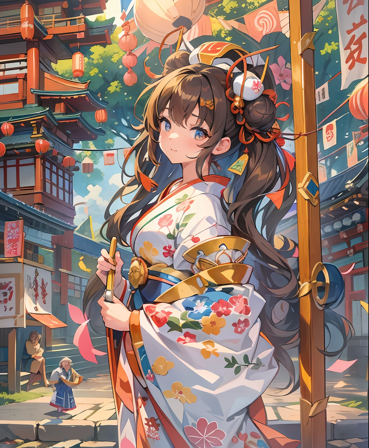 (​masterpiece、top-quality、ultra-detailliert、Best Shadows)、((Ōmikoshi))、细致背景、hight resolution、ultra-detailliert、((Festival of Japan))、(girl1)、Beautiful bun hair、kawaii、Sweat flies、((Mikoshi)),Summer Festivals、Detailed hand、perfect hand、intricate detailes、sharpnes,shrines