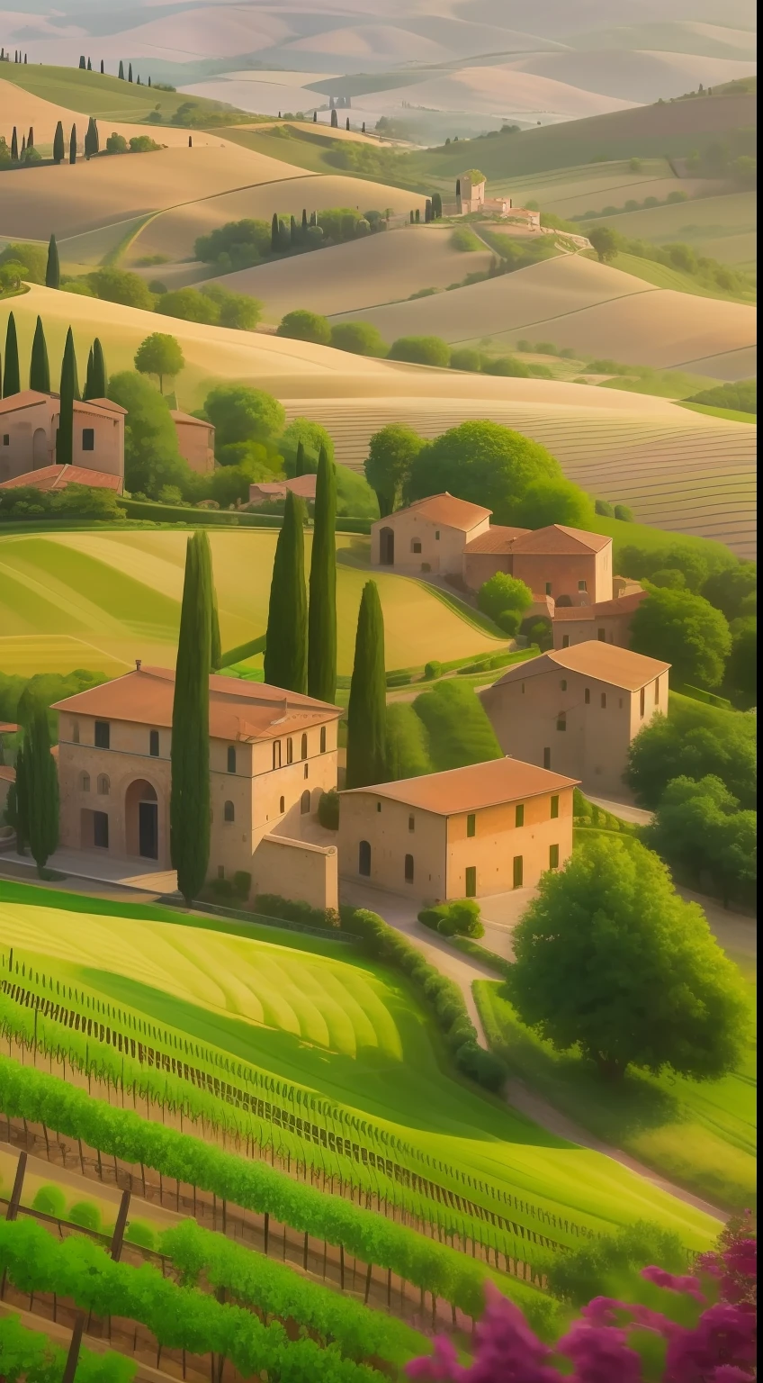 "Create a masterpiece capturing the best quality and ultra details of Tuscany, Italy. Show the enchanting beauty of rolling hills, vineyards, and medieval towns. Transport the viewer to a charming and romantic atmosphere."