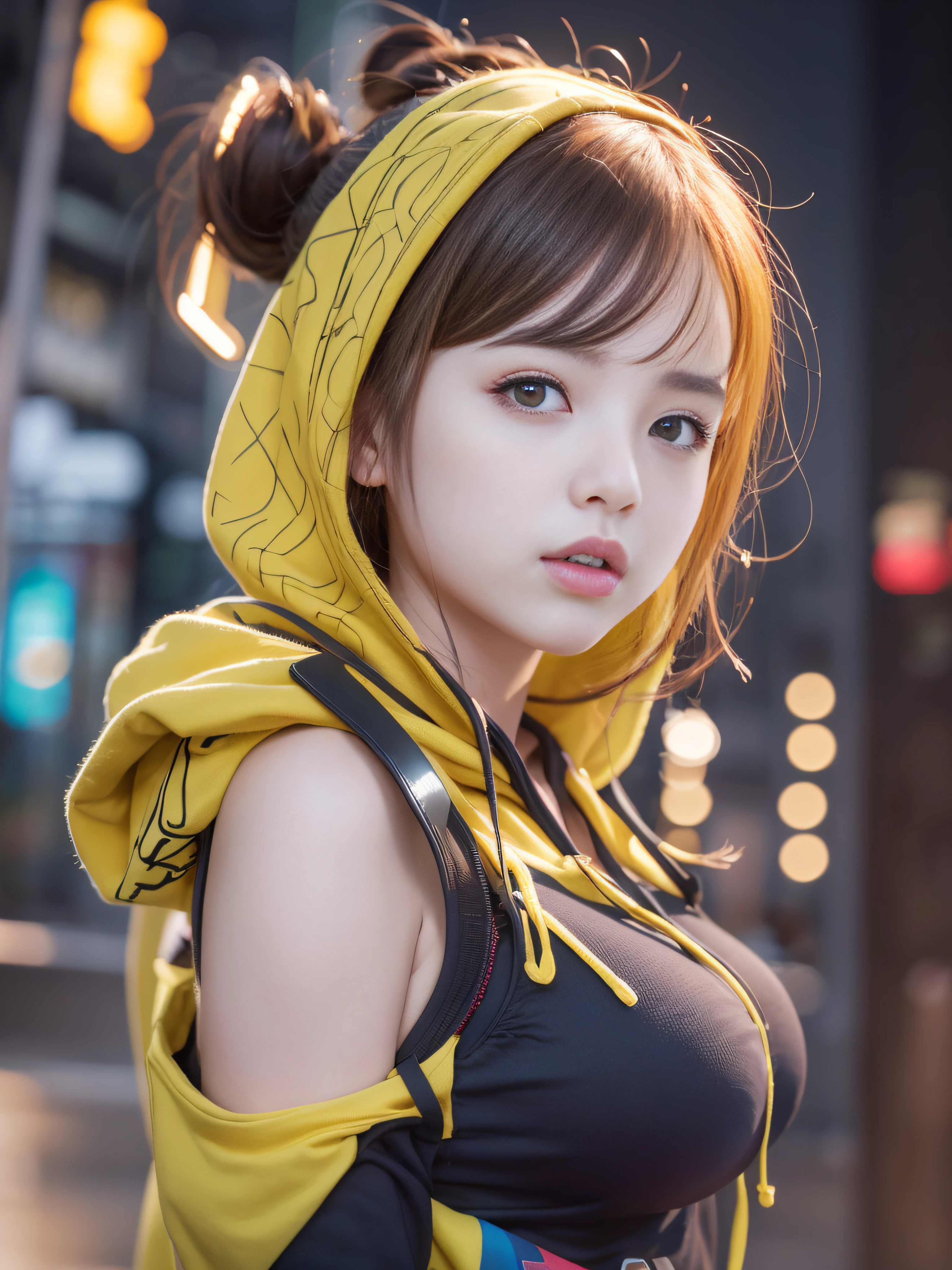 top-quality、masterpiece、超A high resolution、(Photorealsitic:1.4)、Raw photo、Detailed CG image quality、cyberpunked、Beautiful fece、1girl in、Future hair ornament、(Yellow latex hoodie:1.3)、Colorful body paint、cleavage of the breast、(Hard erection:1.4)、( looking upwards:1.4)、detailed portrait、8K picture quality、bright colour、concept-art、Cinematic and dramatic atmosphere、foco nítido、Volumetric lighting、Cinematographic lighting、Wearing studio quality、Colorful neon lighting、depth of fields、Ambient lighting、Blurred foreground、blurry backround:1.3、