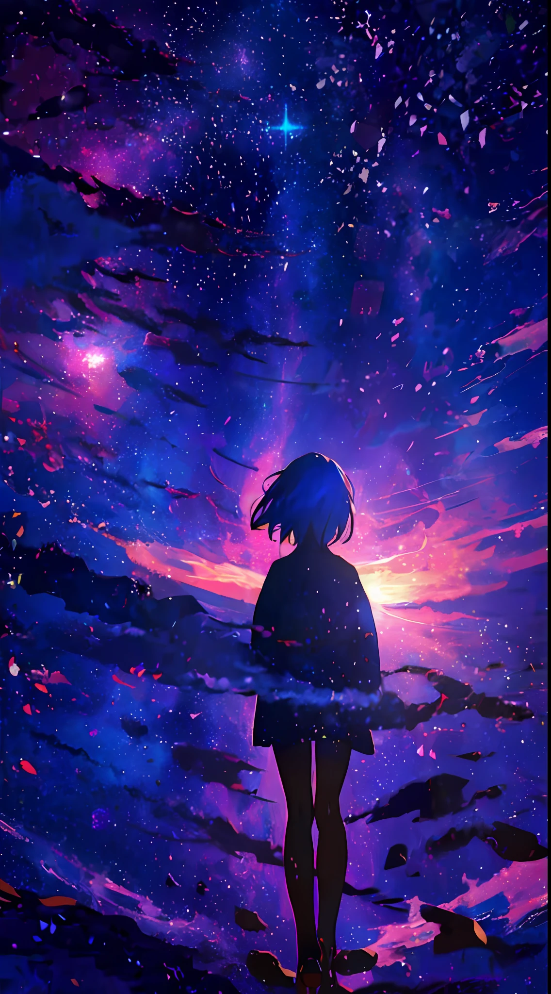 anime girl looking at the stars in the sky, girl looks at the space, anime girl with cosmic hair, cosmic skies. by makoto shinkai, anime art wallpaper 4 k, anime art wallpaper 4k, anime art wallpaper 8 k, anime wallpaper 4k, anime wallpaper 4 k, 4k anime wallpaper, anime sky, anime style 4 k