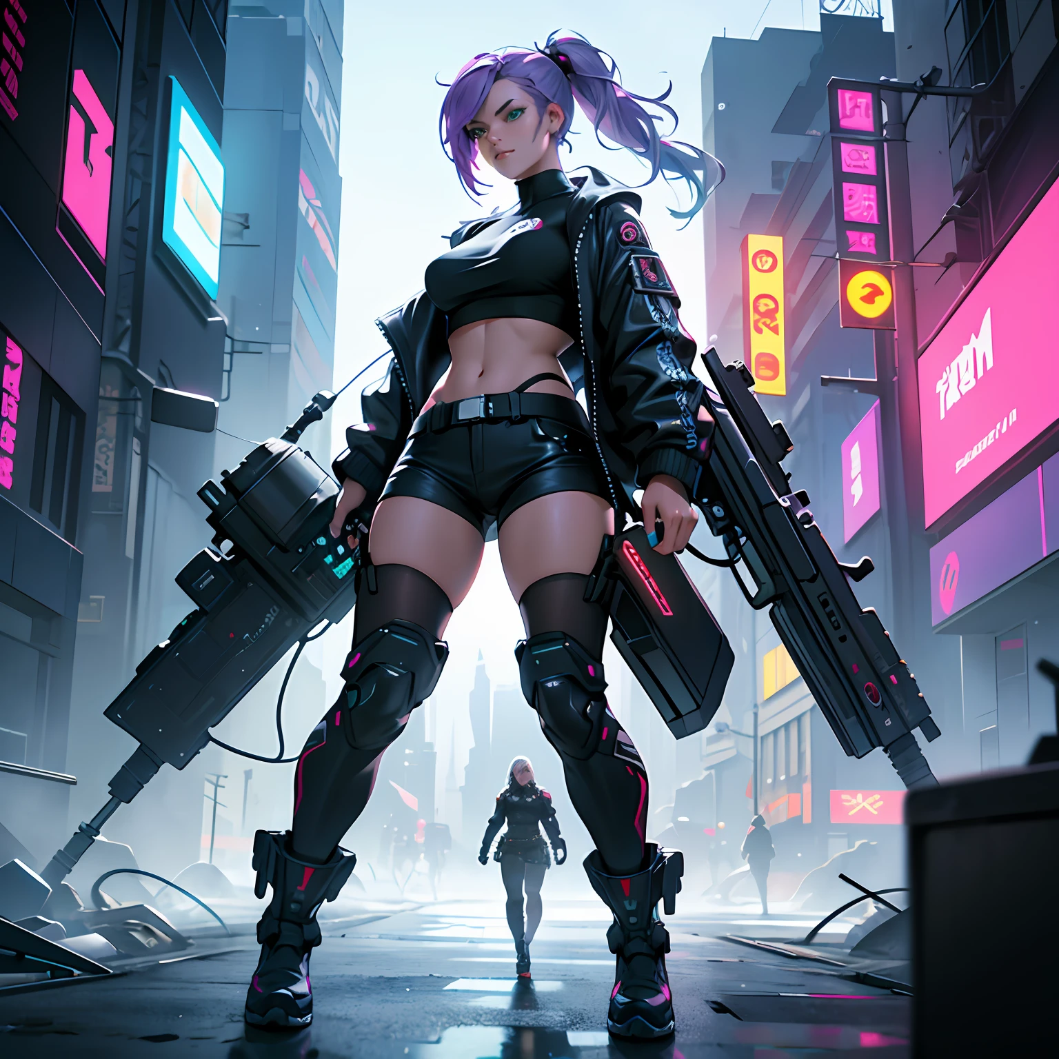 ３D-Animation, Full body game animation、a very beautiful woman, Cyberpunk, hair is purple、Has two ponytails、smil、Casual punk clothes with bright colors、Holding a large machine gun、Big Head Earphones、 Wearing fashionable clothes、pop-art、Only one woman、full body Esbian, Pose shooting a large machine gun、Half of her face is the incredible art of cyborgs, wlop, ArtGerm,Hyper-Realism, high detailing, Octane Render, 8K, depth of fields, A man with a very beautiful face, Blue Rampage Flame, , Claudia Flohair D Figure, 3D Doll, Beautiful light green human eyes, Cyberpunk Beautiful Warriors,Realistic Woman, 85mm lens, F8 key, Photo, Super Detail, High image quality,Beautiful face, Engulfed in silver flames,　8K,  An AI, Central Server, Deep view, Heavy Blue LED Light, , Award-winning Fatorg,  Extremely detailed, art  stations, 8 K, Sensual lighting cyberpunk, Pink neon、Silver tattoo,standing on the grass、,chee, Octane Rendering, , Full body vision, Cinematic lighting, , Center, looking in camera, At 8K, Perfect Lighting、