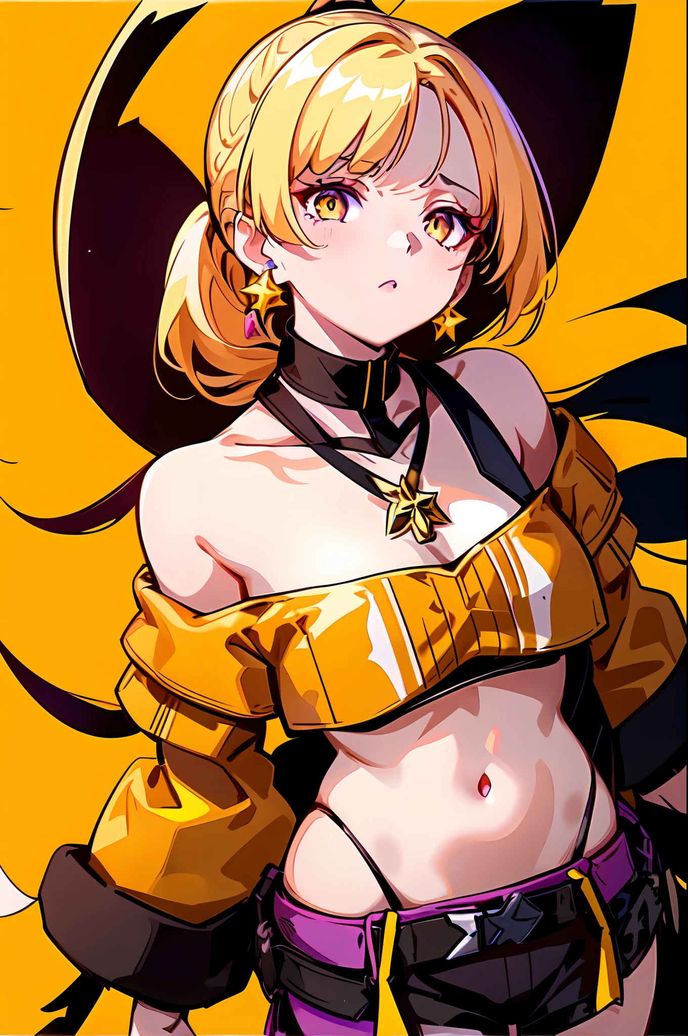 1girl, dynamic angle, high ponytail, solo, yellow background, blonde hair, star (symbol), looking at viewer, jewelry, earrings, collar, purple eyes, upper body, bangs, orange off-shoulder_sweater, simple background, long hair, yellow eyes, arms_down, exquisite makeup, chunmomo