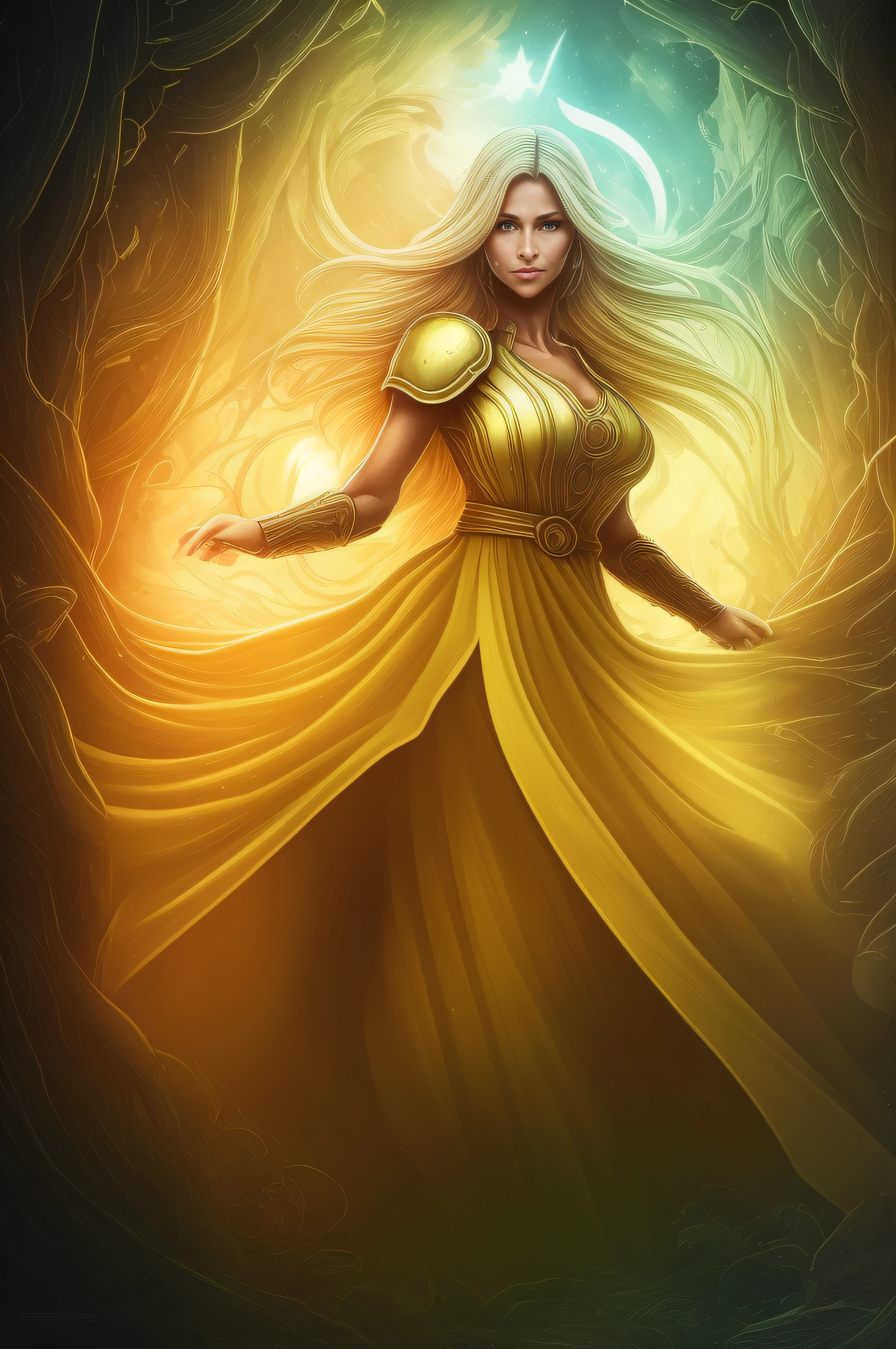((PERSONAJE Solaris)): It can transform the sun into clean energy to reduce emissions. vista frontal, retrato, simetry, artistic, arte agudo, (estilo de Dan Mumford: 1.1), HDR, realismo, DarkFantasy, ambiance, estilo lovecraft, (JimJorCrafLogo estilo de arte: 1.3), chica rubia extremadamente guapa, con vestido amarillo traslucido, trenzas, gafas, ojos verdes brillantes, centrado, Rayos de sol, tonos amarillos, monolito, columna, templo, piedra,
