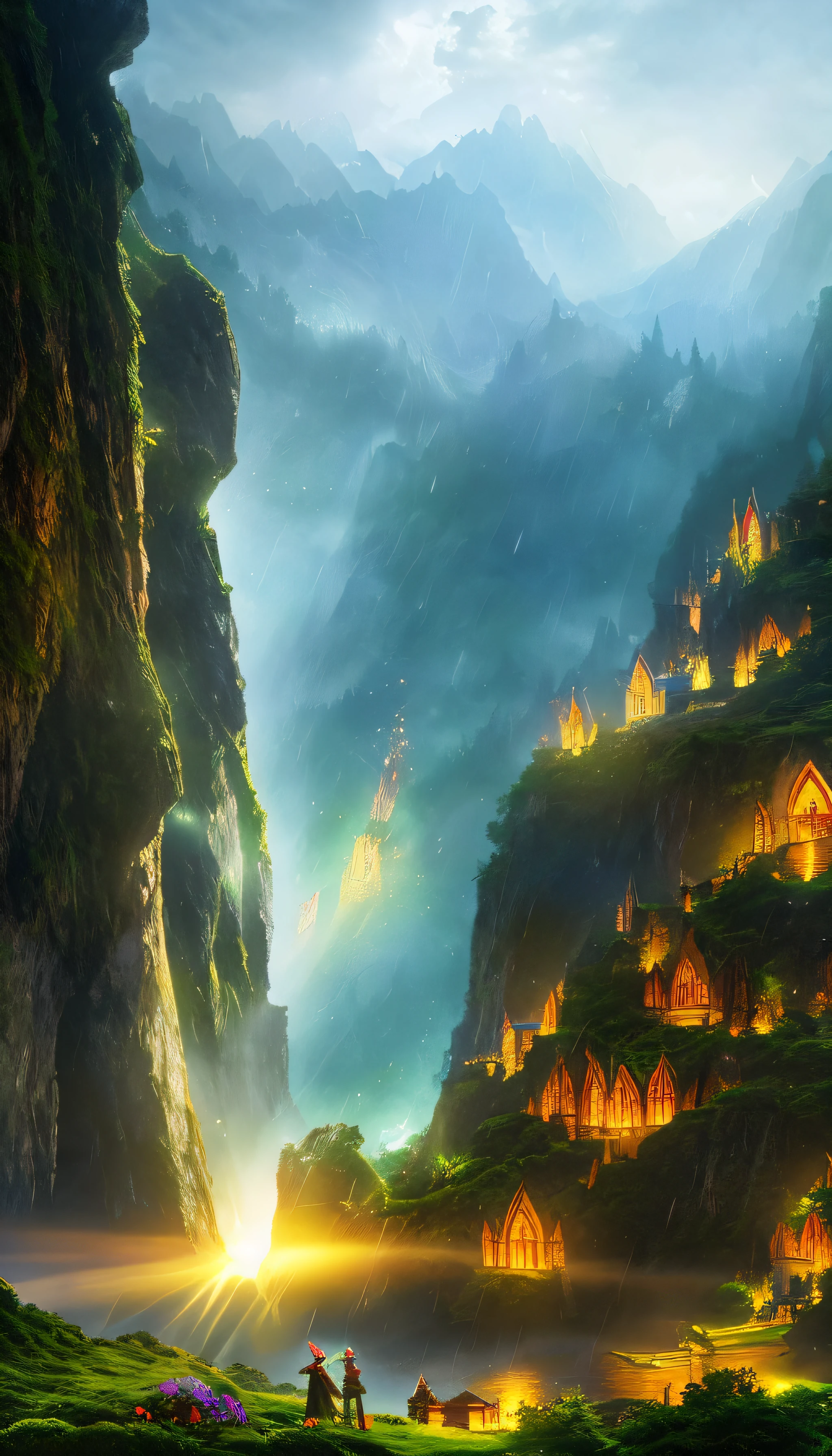 Divine Light, Sharp Focus, Elf, Elf Building, Elven City, Royal City, Stunning Landscape, Landscape, Landscape, Rain, Dark Fantasy, Suspense