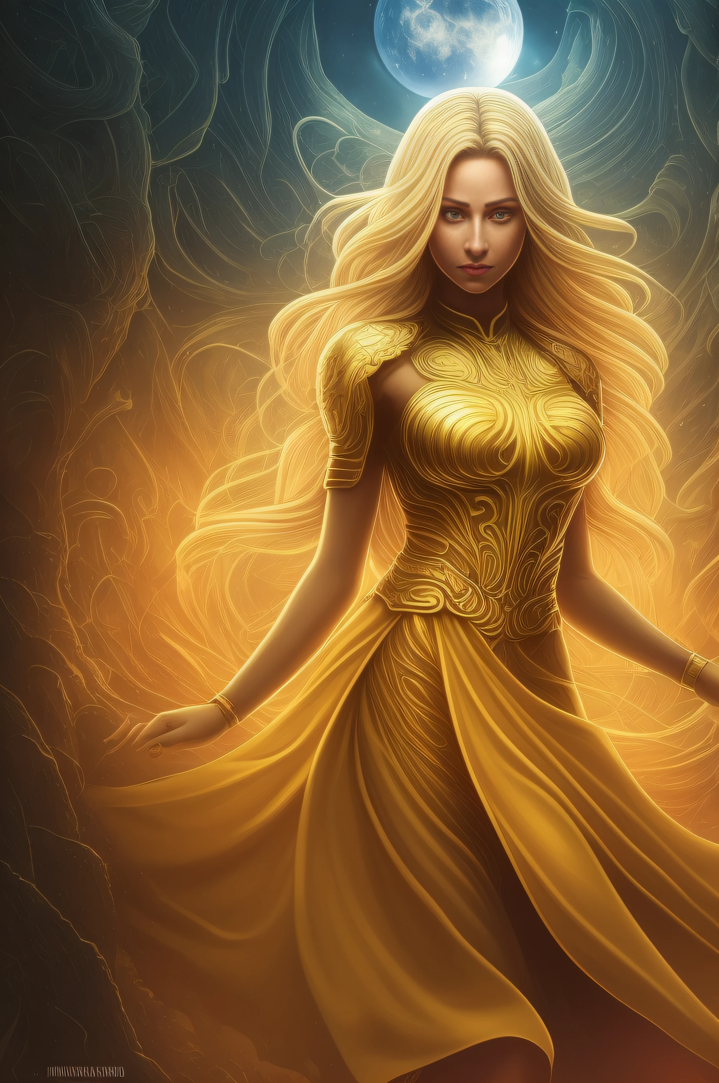 ((PERSONAJE Solaris)): It can transform the sun into clean energy to reduce emissions. vista frontal, retrato, simetry, artistic, arte agudo, (estilo de Dan Mumford: 1.1), HDR, realismo, DarkFantasy, ambiance, estilo lovecraft, (JimJorCrafLogo estilo de arte: 1.3), chica rubia extremadamente guapa, con vestido amarillo traslucido, trenzas, gafas, ojos verdes brillantes, centrado, Rayos de sol, tonos amarillos, monolito, columna, templo, piedra,