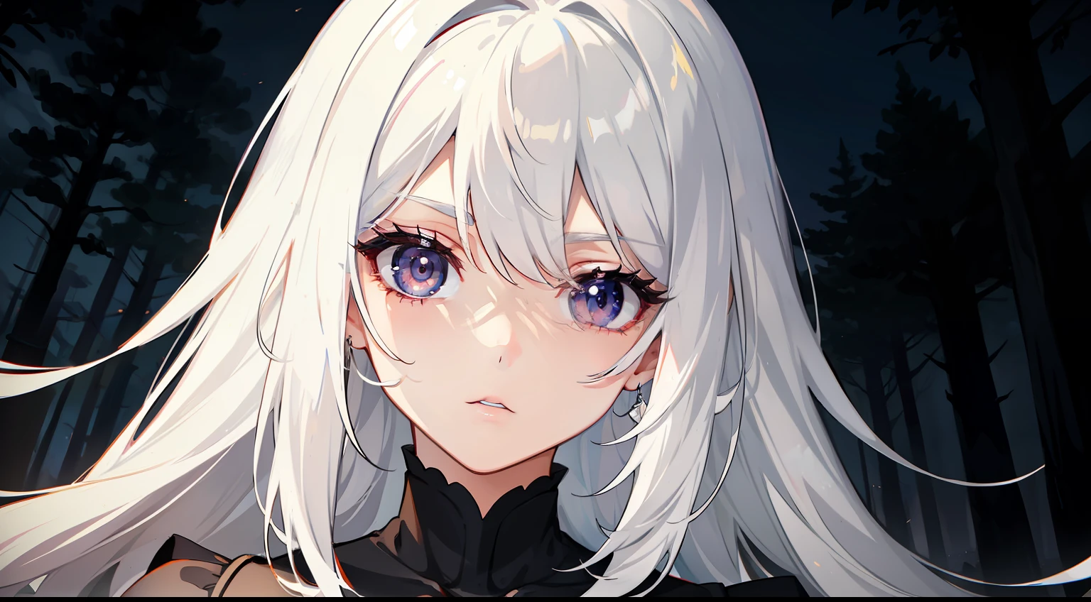 girl, landscape, face only, evil, black eye, sunset, forest, flash effect, white hair