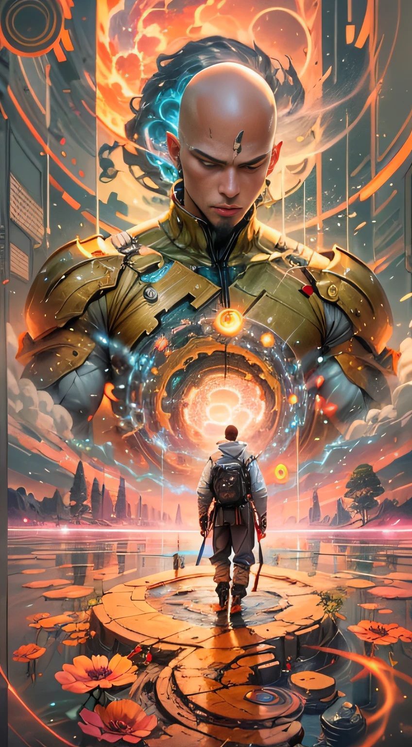 Craft an exquisite, high-resolution 4K masterpiece Draw a young caramel skin Male with bald Hair, standing on a Mysterious path floating in the middle of an alternate Dimension Leading to a Portal , turn his back on viewers , from behind , surrounded by Colorful energy Orbs glowing with fiery auras BREAK Dramatic lighting from distant SHooting stars Glistening like Diamonds illuminates the scene, casting deep shadows on the Clothing wearing streetwear Gucci Mink Designer Outfit, looking at the Portal and mysterious Contrasting colors on the other side with wonder and Awe with curiosity ,BREAK,Detailed,Realistic,4k highly detailed digital art,octane render, bioluminescent, BREAK 8K resolution concept art, realism,by Mappa studios,masterpiece,best quality,official art,illustration,ligne claire,(cool_color),perfect composition,absurdres, fantasy,focused,rule of thirds. The piece should be intricately detailed, inspired by the techniques of renowned artists such as Ryan Yee, Sachin Teng, JC Leyendecker, Jen Bartel, Beeple, and James Jean, with a particular emphasis on Sachin Teng's style.
The artwork should reflect the aesthetic of Shin Hanga, a winner of the Behance contest, and should achieve perfect symmetry. The subject of the portrait is Bald Hair Caramel skin Male. The atmosphere should be ethereal, with smoke, white light, and strong light elements.
Incorporate elements of surrealism into the piece, with ultra-detailed features and glowing eyes. The full-body shot should also include a close-up of the body, with Akuma holding weapons - a katana and a double dragon winding.
The color palette should be dominated by a mesmerizing blue light, and a bracer should be part of the attire. The piece should be available in HD, Ultra HD, and 4K resolutions. Finally, to add a dramatic effect, include a thunderous backdrop to the scene, creating a surreal and captivating masterpiece.