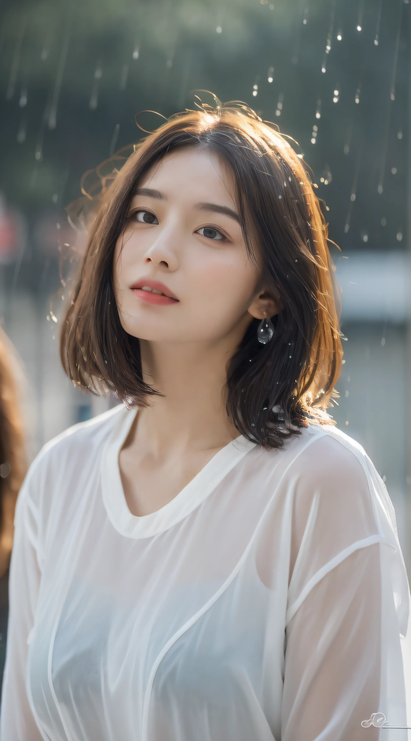 ((Best Quality, 8k, Masterpiece: 1.3)), Focus: 1.2, Perfect Body Beauty: 1.4, Buttocks: 1.2, (Layered Haircut: 1.2)), (Rain, Street:1.3), Highly detailed face and skin texture, Fine eyes, Double eyelids, Whitening skin, Long hair, (Round face: 1.5), sweet