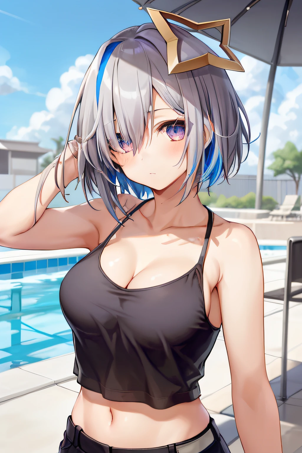 2D,​masterpiece, top-quality,1girl in,Star Halo, Solo, Halo, multicolored hair, Asymmetrical hair, single hair intake, Purple eyes, Short hair, Blue hair, Grey Hair, bob cuts, striated hair, Bangs, Hair over one eye,blush,tank top bikini,Pool,medium large breasts