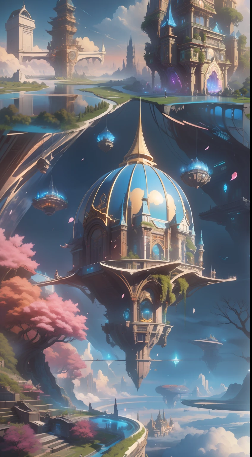 high high quality,Best quality at best,Realiy,Super realistic,super detailing,A high resolution,8K,Very realistic,Epic fantasy digital art style,sky cities,A city floating in the sky,Endless Lagrange,Fantastic starry sky,Fantasy sci-fi city,The dystopian city of the future,Sci-fi alien vehicle, Dazzling、Electronic music style lighting,Create a neon feast for the city of the future。((tmasterpiece:1.2))(intricately details:1.2),(Extremely detailed floating city:1.3), ((A detailed mirage floating above the clouds),(Detailed buoy spire illusion, Detailed floating bell tower illusion),(Highly transparent mirage),((Detailed view of the base of the Phantom Castle)),Ultra-detailed,extremely detailed and beautiful, Sky and white clouds and sunset glow background, (A city on a floating cloud, Floating petals, A garden in bloom in the sky, Many vines on the wall:1.2) imagination, Dream, offcial art, RAW photogr, Incredibly Ridiculous res, (super wide shot), Holy light,动态照明, cinmatic lighting, highest details, extremy detailed, Hyper-detailing, finedetail,