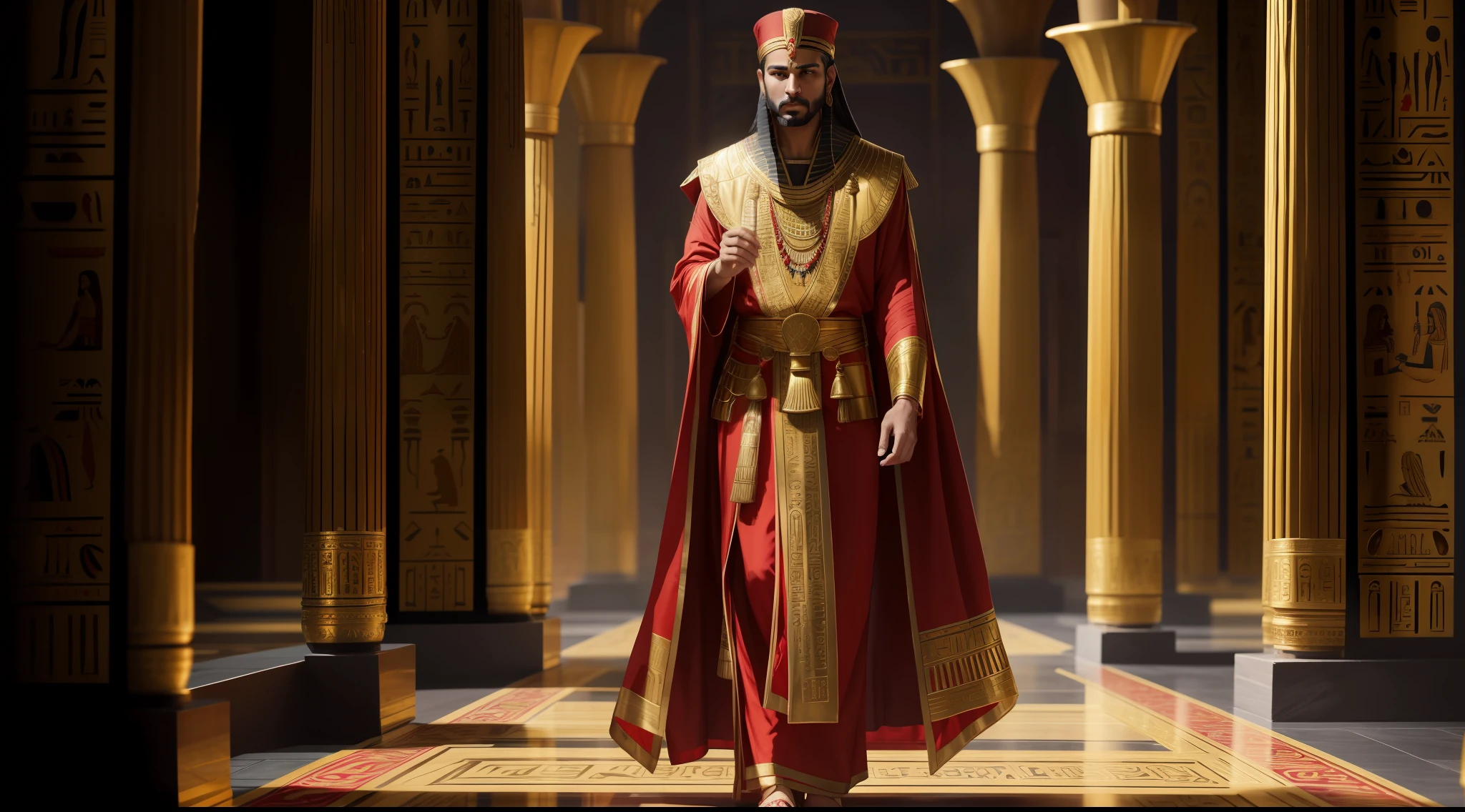 "An Egyptian scarlet robe with intricate golden embroidery, exuding an aura of ancient elegance and regal majesty."