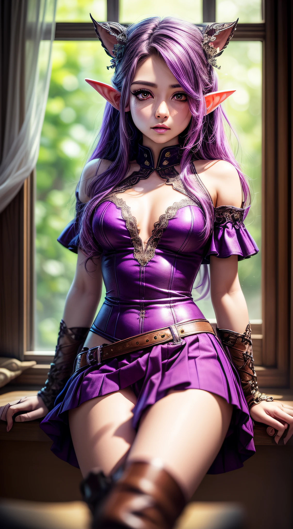 (Best quality, 4k, Masterpiece :1.3), beautiful and sexy woman, hyper realistic, 1girl,  (elf ears),  (purple eyes and hair), (beautiful eyes), (hair thrown in front, long hair), (small chest), wearing ,((short-sleeved shirt glued with purple details)), (purple skirt), (boots), ((full body), extremely detailed image