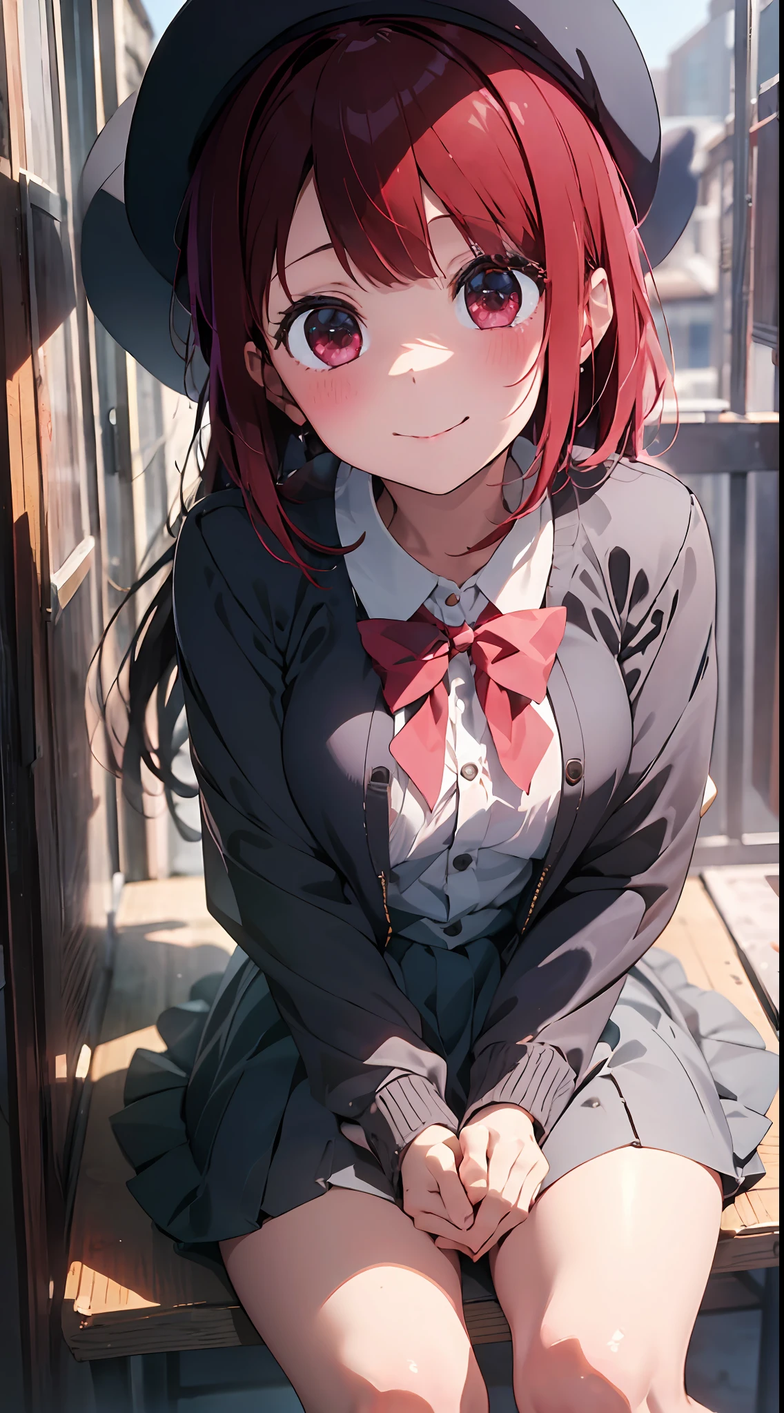 Masterpiece to the smallest detail、top-quality、1girl in、Solo looks 12 years old、150cm petite beautiful girl、small tits、12-year-old baby face、red hairs、Gradient bob in the forward、Pink and violet mesh、red eyes、Red eyes、Tall, big eyes、Outstanding looks、A lovely child、proximity、closed_mouth、a smile、red blush、full of shyness、blue headwear、Hats、pink bowtie、校服、 Blue jacket、jaket、skirt by the、Gray skirt shirt、white shirt、an legs、Black socks、sitting on、Classroom、hair_ornament、looking_at_viewer、beatiful detailed eyes、Akame、panties on、lift up one's skirt、Professional effects、