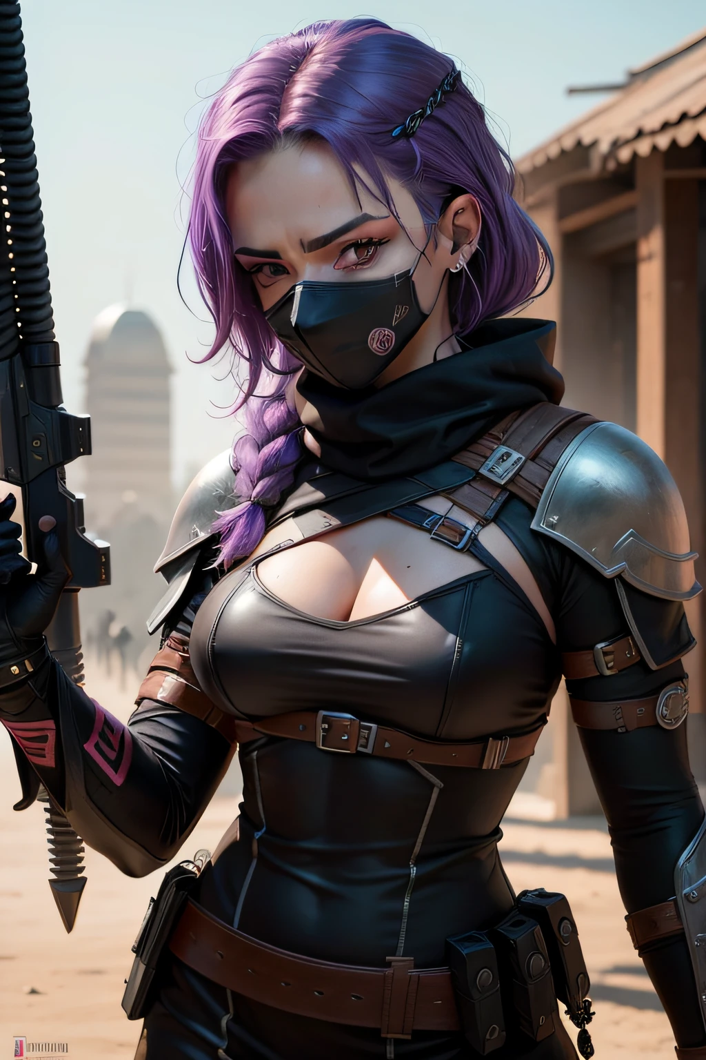 um closeup de uma mulher com uma arma, assassina feminina, goth ninja, um ousado assassino adolescente, Assassinoo Rouge Feminino, in a mercenary outfit, vestido com armadura furtiva, Sigma Feminino,, dystopian bounty hunter, female spy, female thief, vestindo armadura roxa escura, Assassino, cabelo roxo, Batom Roxo.