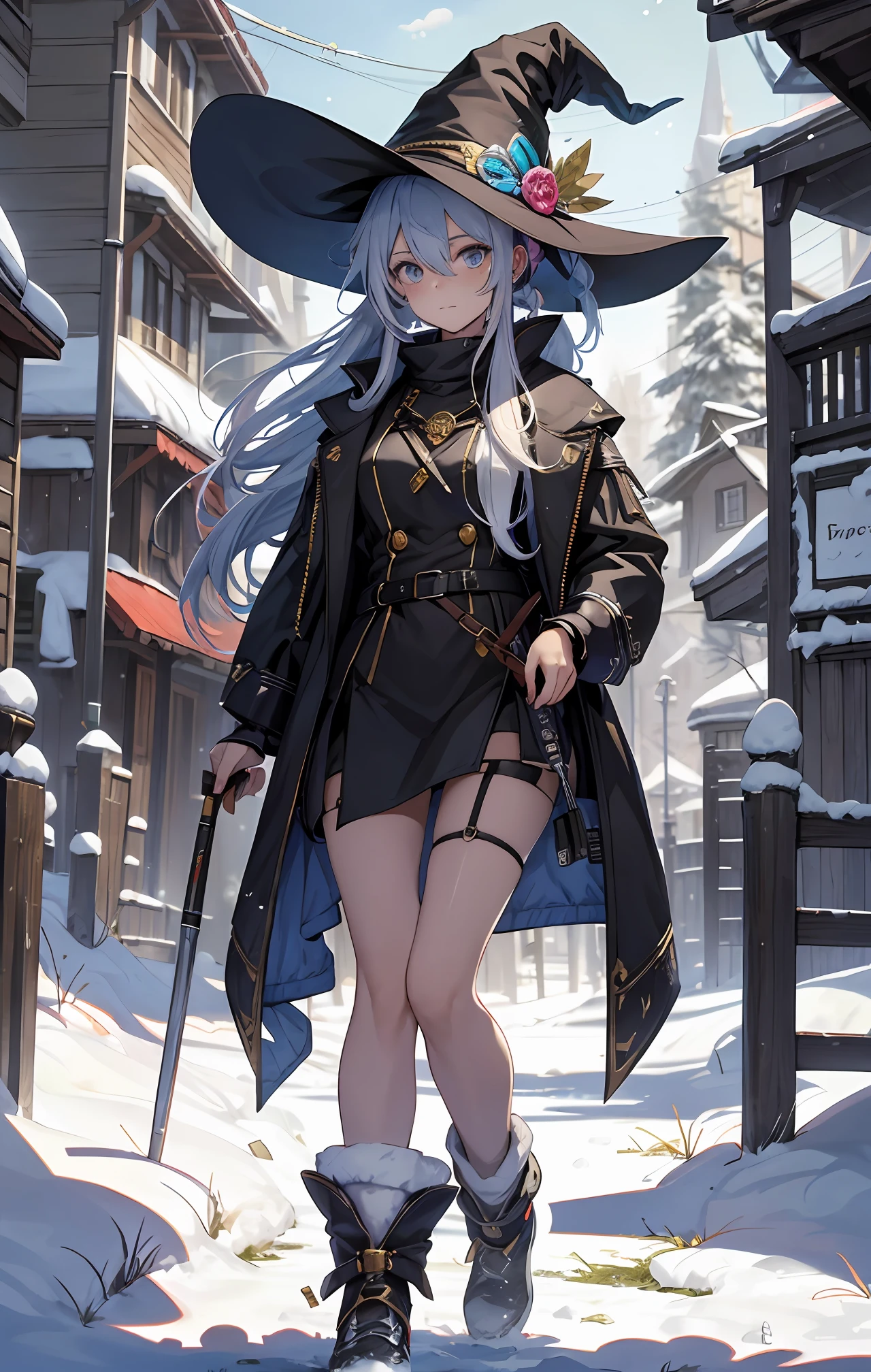 best qualityer,tmasterpiece,Ultimate resolution,downy,Extremely colorful,Colorful,The Witch,Long silver-blue hair,hair-bun,a matural female,Witch long-distance running,Magic Hat,Golden Hoop Stick,snow country,Lost snow,Normal posture