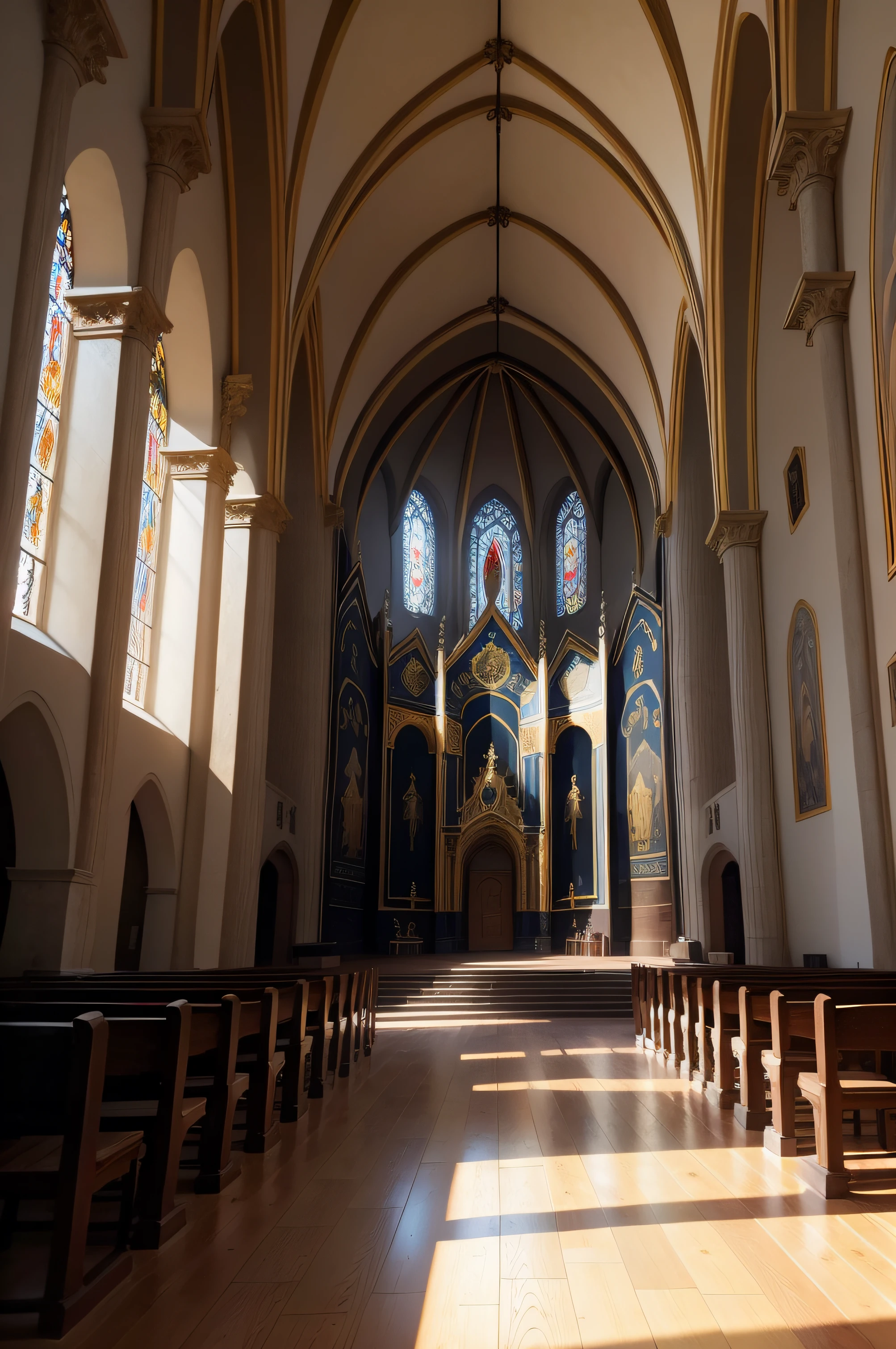 Igreja medieval por dentro, teto com detalhes impressionantes de ouro, teto decorado com pinturas de santos