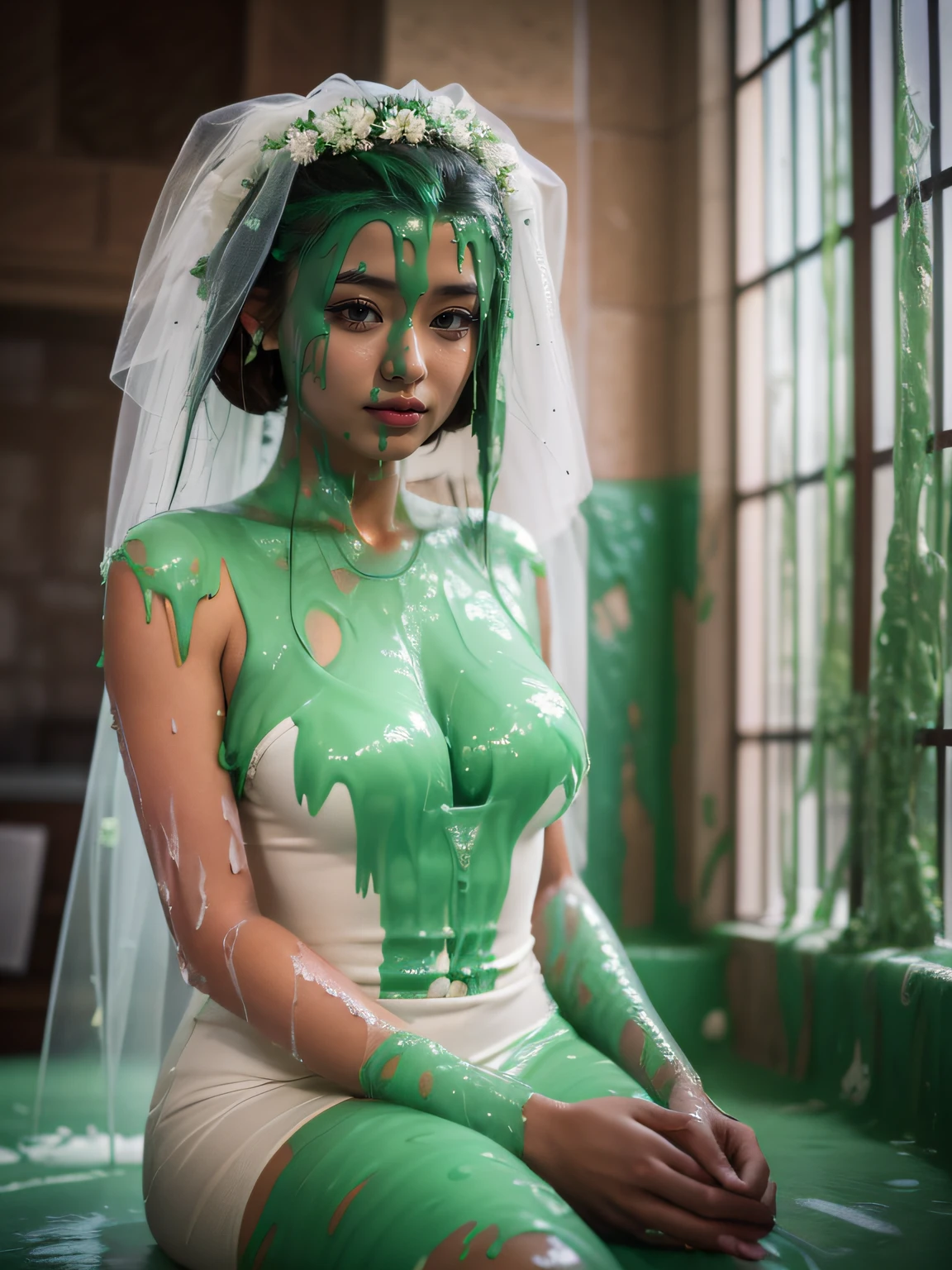 Asian woman, thick eyeliner, long eyelashes, hyper realistic, Canon50, wet slime dripping