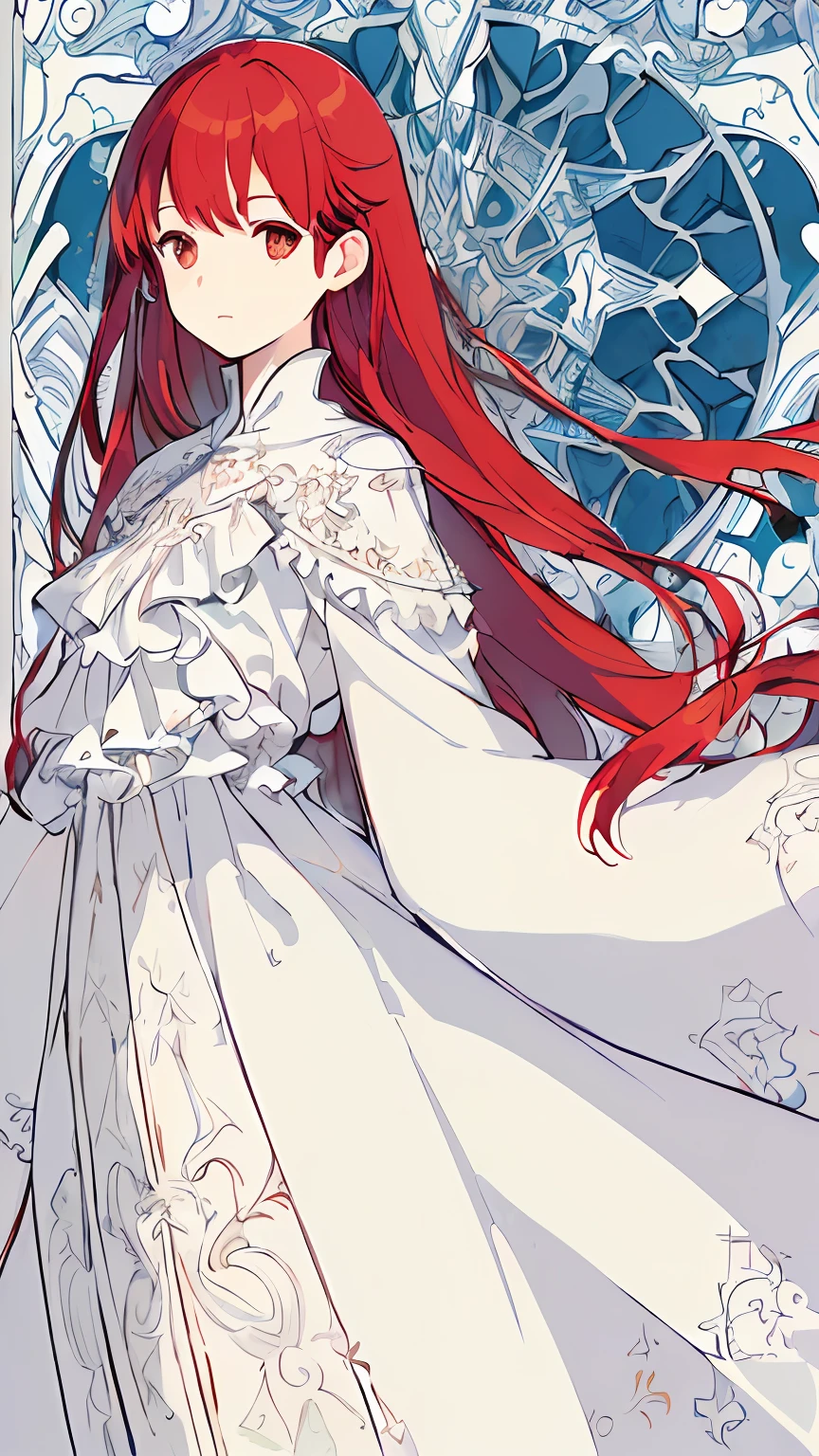 (((masterpiece)))、(((top-quality)))、((ultra-detailliert))、(illustratio)、((extremely delicate and beautiful))、Positive attitude、Looking ahead、Fluttering long hair、redhair、Smooth hair、A ray of hope in the eyes、Angle looking up from below、robe blanche、Geometric pattern background、monotone