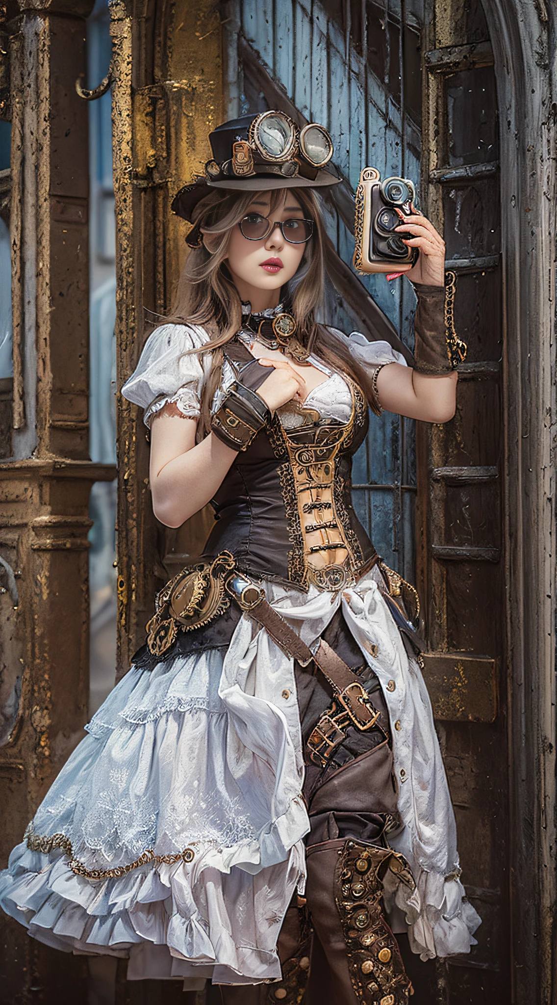 Woman in steampunk costume taking photo, wearing steampunk attire, steampunk fantasy style, (Steampunk), ( Steampunk ), a steampunk beautiful goddess, steampunk beautiful anime woman, Steampunk Girl, Steampunk style, steampunk fantasy, Steampunk, steampunk inventor girl, golden steampunk, steampunc, steampunc, Set in a steampunk world, Vivid steampunk concept