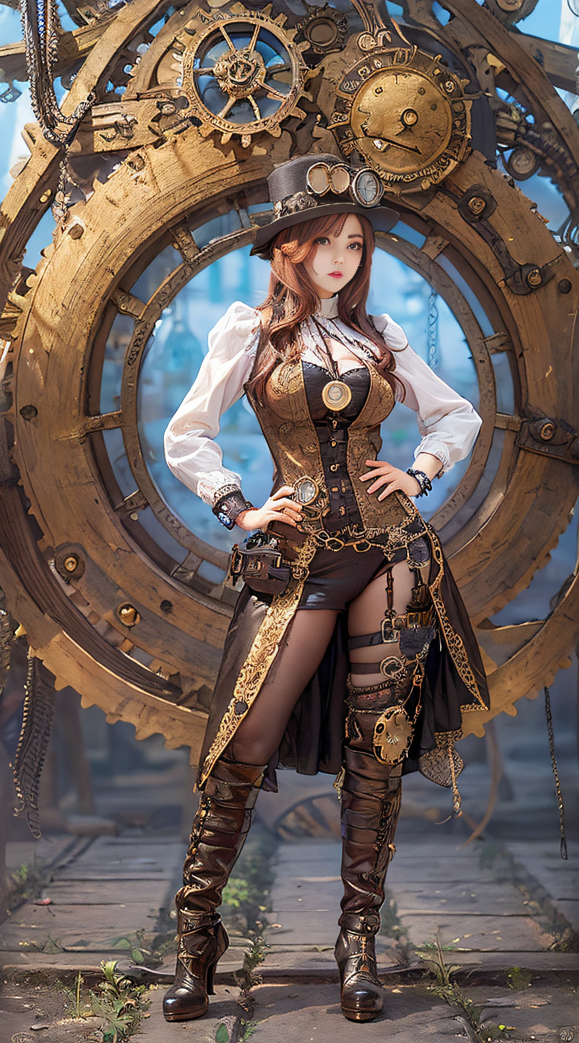 Woman in steampunk costume taking photo, wearing steampunk attire, steampunk fantasy style, (Steampunk), ( Steampunk ), a steampunk beautiful goddess, steampunk beautiful anime woman, Steampunk Girl, Steampunk style, steampunk fantasy, Steampunk, steampunk inventor girl, golden steampunk, steampunc, steampunc, Set in a steampunk world, Vivid steampunk concept