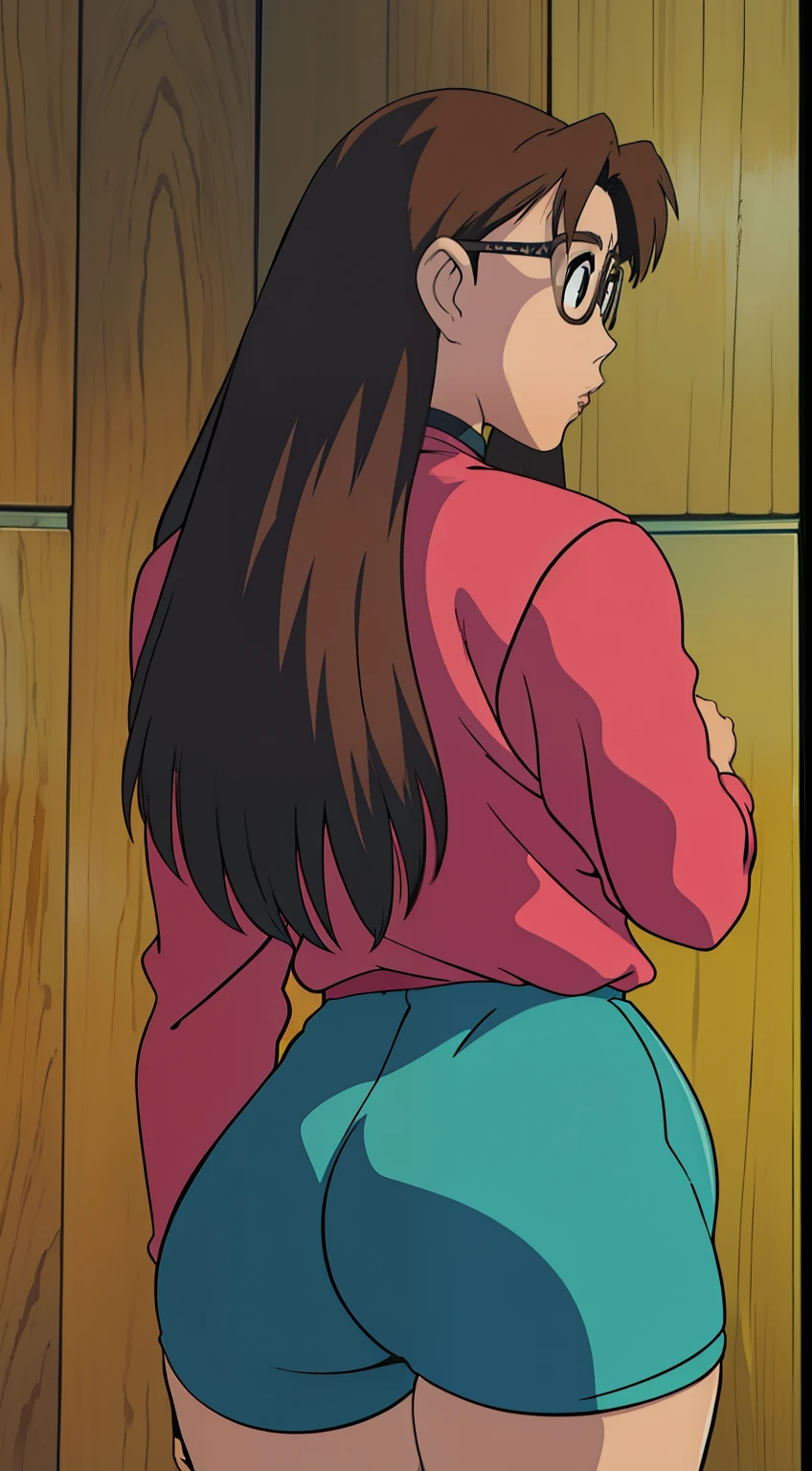 Koyomi mizuhara, glasses, brown hair, long hair, medium breasts, sports Long sleeved Jersey shirt, medium bubble butt, 90’s biker shorts, back of view, Wallpaper, luscious lips, 90’s, vintage, side view