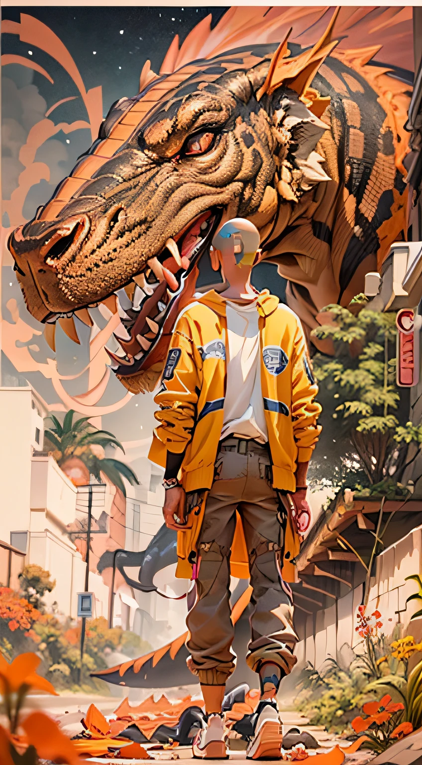 Craft an exquisite, high-resolution 4K masterpiece Draw a young caramel skin Male with bald Hair Cyber Jurrasic Park  with Mech T-rex Cyber Punk Style, standing on a Mysterious path floating in the middle of an alternate Dimension Leading to a Portal , turn his back on viewers , from behind , surrounded by Colorful energy Orbs glowing with fiery auras BREAK Dramatic lighting from distant SHooting stars Glistening like Diamonds illuminates the scene, casting deep shadows on the Clothing wearing streetwear Gucci Mink Designer Outfit, looking at the Portal and mysterious Contrasting colors on the other side with wonder and Awe with curiosity ,BREAK,Detailed,Realistic,4k highly detailed digital art,octane render, bioluminescent, BREAK 8K resolution concept art, realism,by Mappa studios,masterpiece,best quality,official art,illustration,ligne claire,(cool_color),perfect composition,absurdres, fantasy,focused,rule of thirds. The piece should be intricately detailed, inspired by the techniques of renowned artists such as Ryan Yee, Sachin Teng, JC Leyendecker, Jen Bartel, Beeple, and James Jean, with a particular emphasis on Sachin Teng's style. 

The artwork should reflect the aesthetic of Shin Hanga, a winner of the Behance contest, and should achieve perfect symmetry. The subject of the portrait is Bald Hair Caramel skin Male. The atmosphere should be ethereal, with smoke, white light, and strong light elements. 

Incorporate elements of surrealism into the piece, with ultra-detailed features and glowing eyes. The full-body shot should also include a close-up of the body, with Akuma holding weapons - a katana and a double dragon winding. 

The color palette should be dominated by a mesmerizing blue light, and a bracer should be part of the attire. The piece should be available in HD, Ultra HD, and 4K resolutions. Finally, to add a dramatic effect, include a thunderous backdrop to the scene, creating a surreal and captivating masterpiece.