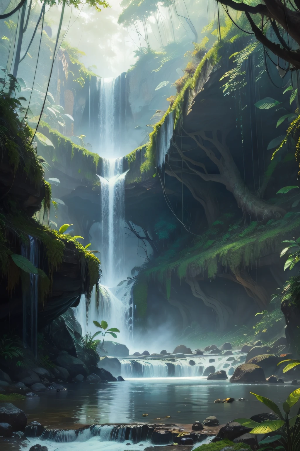 "Capture the majestic and mesmerizing beauty of a jungle waterfall in a stunning 8k oil color painting with intricate details."