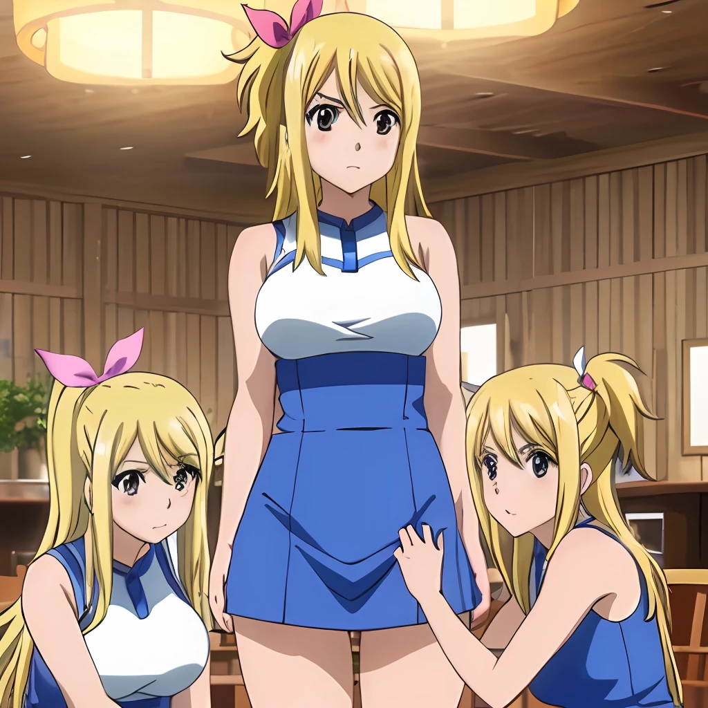 3girls, lucy heartfilia, trio, triplets, clones, blonde hair, brown eyes, long hair, indoors, looking at viewer, anime coloring, parody, side ponytail, bare shoulders, upper body,  sleeveless, hair ribbon,