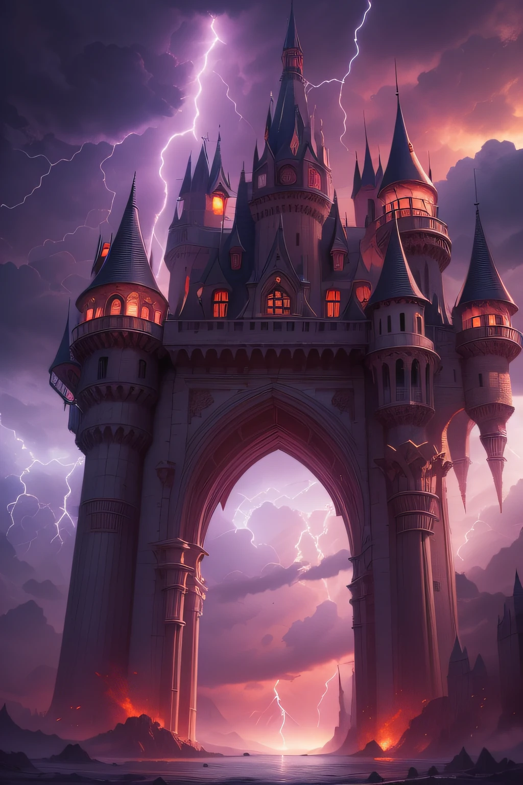 In the sky there is a castle with a tower, high fantasy castle, Flying citadel with towers, Flying Castle, epic castle with tall spires, abandoned castle in the sky, Fantasy architecture, futuristic castle, symmetrical spectacular fantasy art, an immense floating castle, Cyberpunk Castle, Flying Cloud Castle, High Fantasy Matte Painting, Castle in the air，Castle in the Sky，Alafed Castle with spire and clock tower in the background, epic castle with tall spires, concept art stunning atmosphere, andreas rocha and john howe, andreas rocha style, inspired by Raphael Lacoste, inspired by Marc Simonetti, bussiere rutkowski andreas rocha, Fantasy architecture, gothic epic library concept, Marc Simonetti. Convoluted， Lightning clouds, Atmospheric lightning, Pink lightning, With thunderstorms, Dark storm with lightning, Dramatic purple lightning, Lightning in the sky, Colorful lightning contrast lightning, thunderstorm in the sky, Lightning in the background, With lightning, Stormy weather with lightning, Lightning that creates life, Upper volumetriclightning, thunderstorm, Dark clouds and lightning、(Red moon peeking through the clouds),Horror movie effects，cosmic horror，ＳＦMovie Effects，realistic atmosphere，The moment the castle began to surface，epic atmosphere，