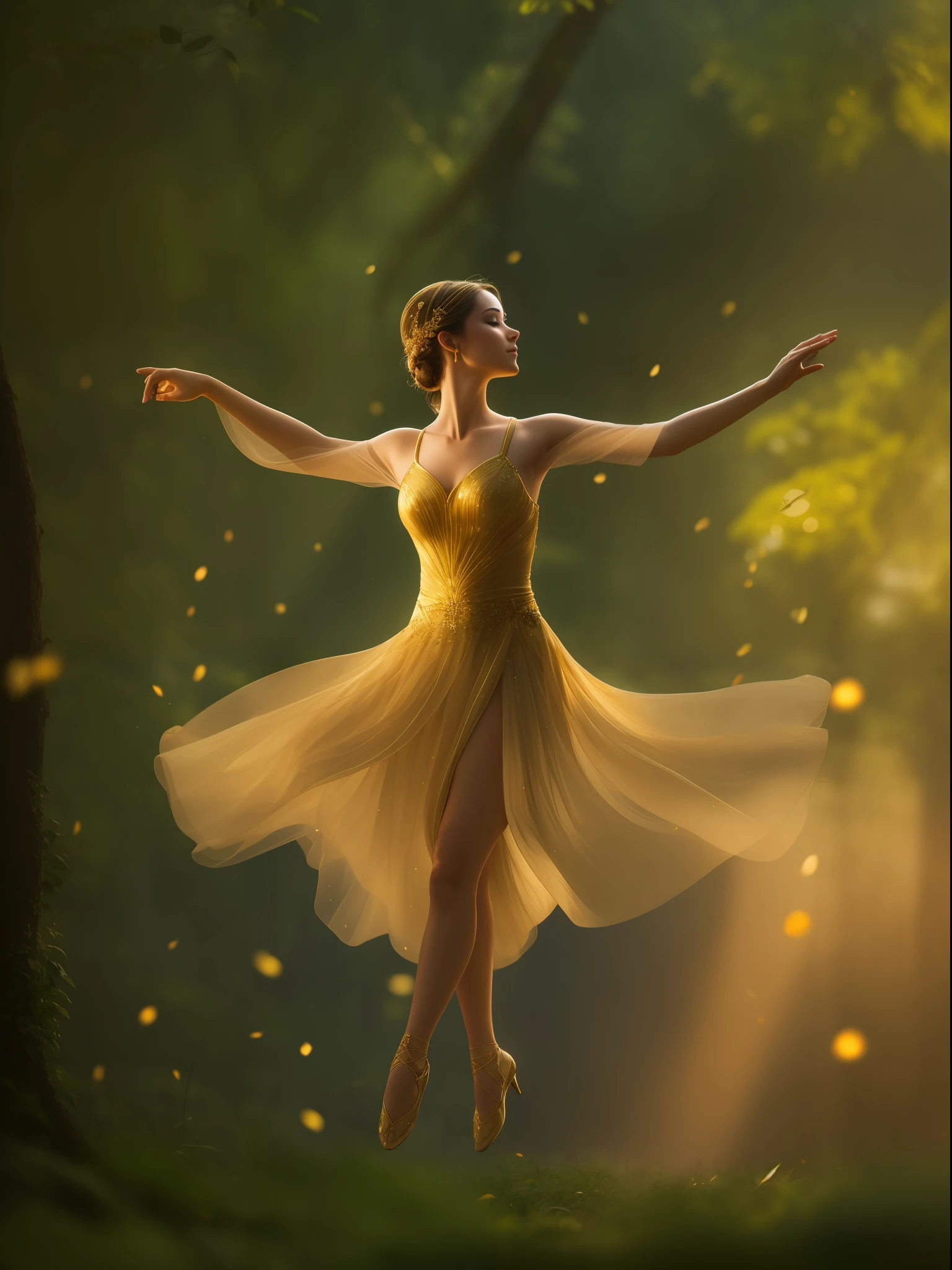 A captivating image of a graceful, sparkling girl gracefully dancing across the sky in the heart of a lush, dense forest. The dancer's elegant movements are accentuated by the soft, golden light of a small, golden star above. The vibrant, intricate details of the dancer's outfit create a dreamlike atmosphere, adding an ethereal quality to the image. wide aperture, slow shutter speed, telephoto lens