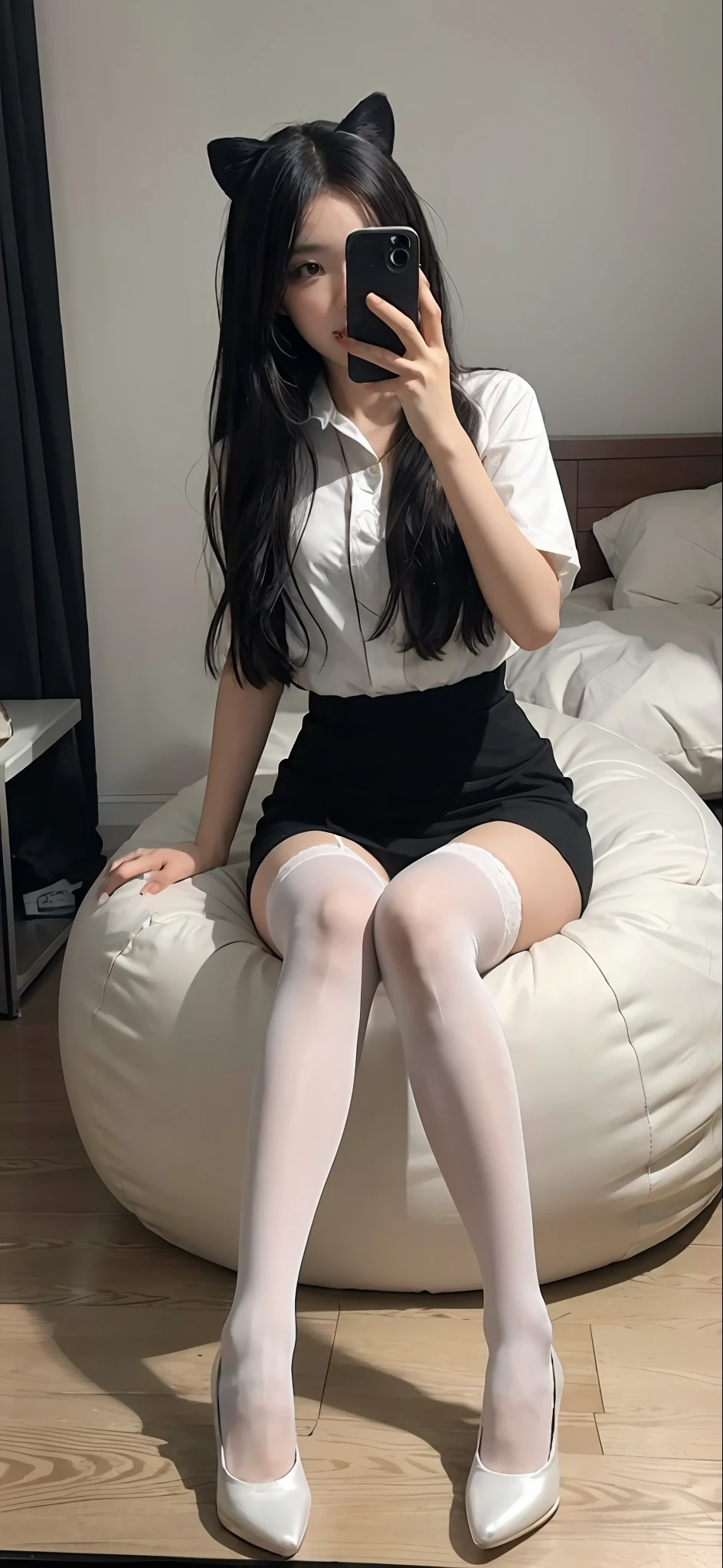 There was a woman, Arapefi, Sit on a bean bag,,Take a selfie with your phone in the mirror,Holding a teddy bear in his hand, Anime Barbie in black stockings, White Cat Girl, Full length and black stockings, Anime girl in real life, very beautiful cute catgirl, kerli koiv as anime girl, Anime girl cosplay, Wearing white tights, sitting in her room, sitting on her bed, White tights, black stockings