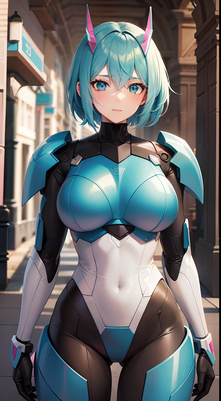 Adult woman, Short blue hair, Cyan eyes, Autobot's pink armor, arch, Masterpiece, hiquality