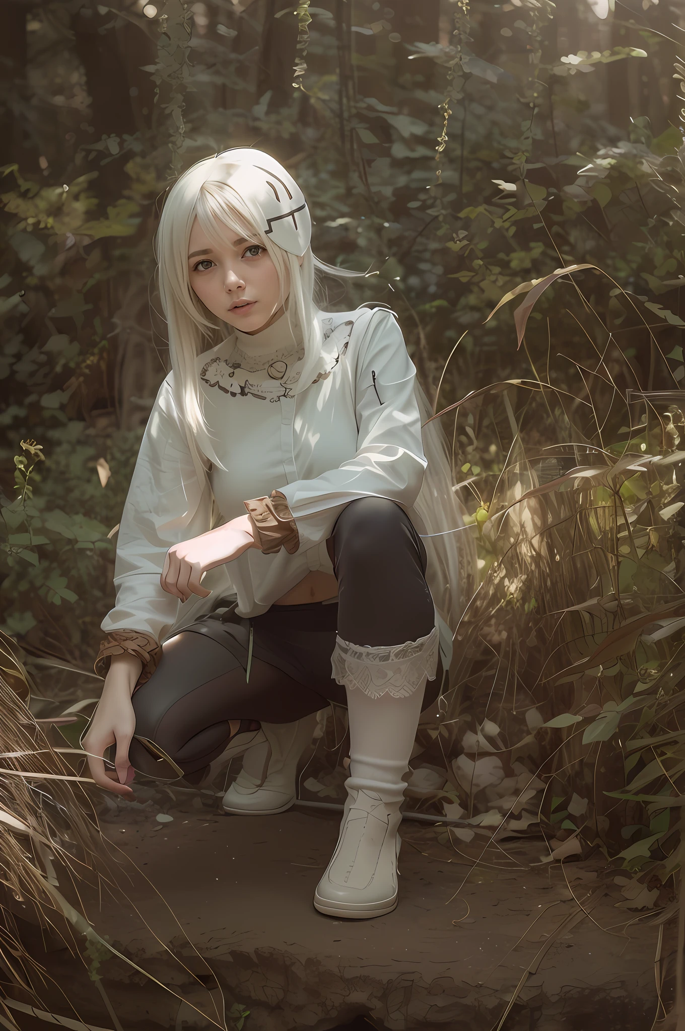 there is a woman sitting on a rock in the woods, cosplay photo, anime girl cosplay, nier inspired, anime cosplay, girl with white hair, white haired deity, white haired, white-haired, perfect white haired girl, cosplay, the anime girl is crouching, white haired lady, yoko taro, fantasy character photo, nier : automata inspired