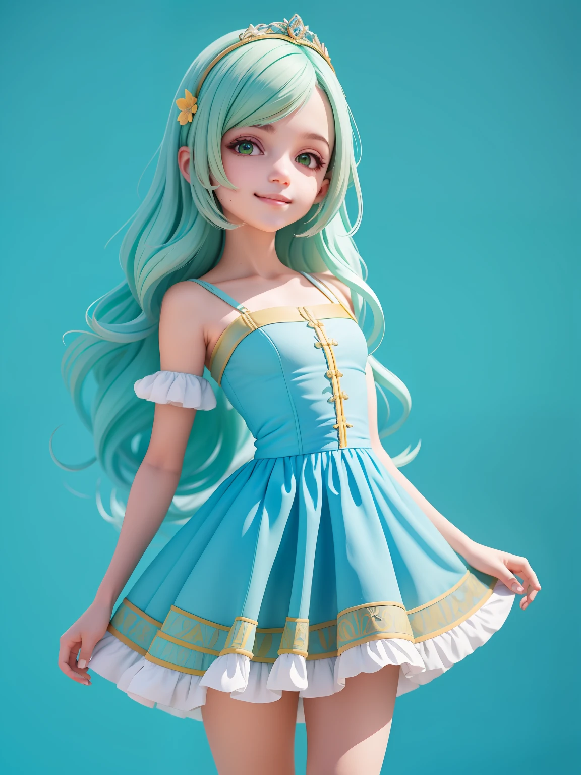 (obra-prima), (melhor qualidade), (ultra-detalhado), (corpo inteiro: 1.2), mulher, adolescente, universo de fantasia, vestido leve e detalhado, sorriso claro, corpo inteiro, :3, roupas, princesa, cabelo tons verde escuro e blue, fundo tom pastel e simples.
