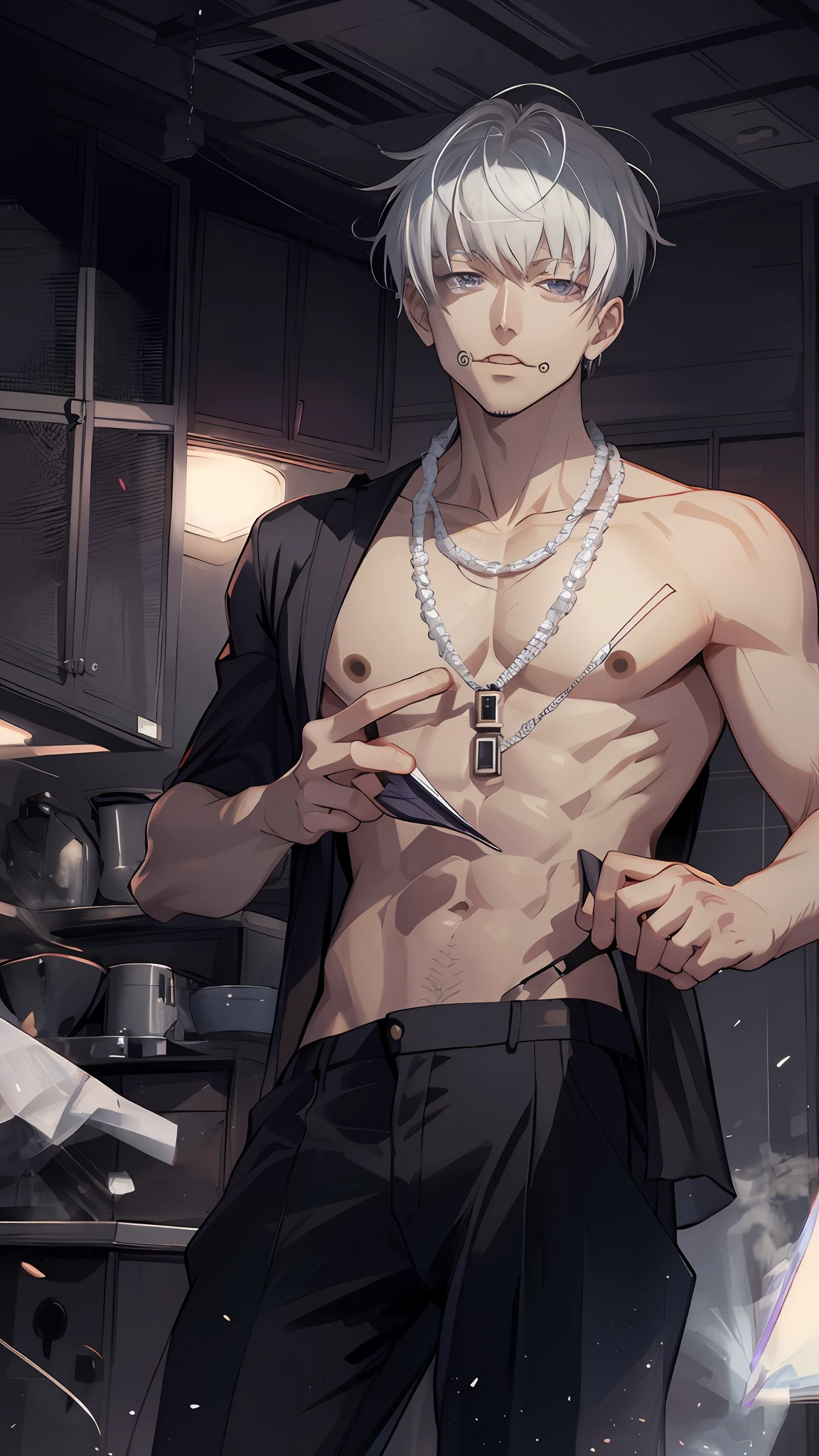 (ultra detailed, HDR), masterpiece, best quality, 1man, solo, handsome, short hair, inumaki toge, facial tattoo, white hair, bare chest, black pants, closed mouth