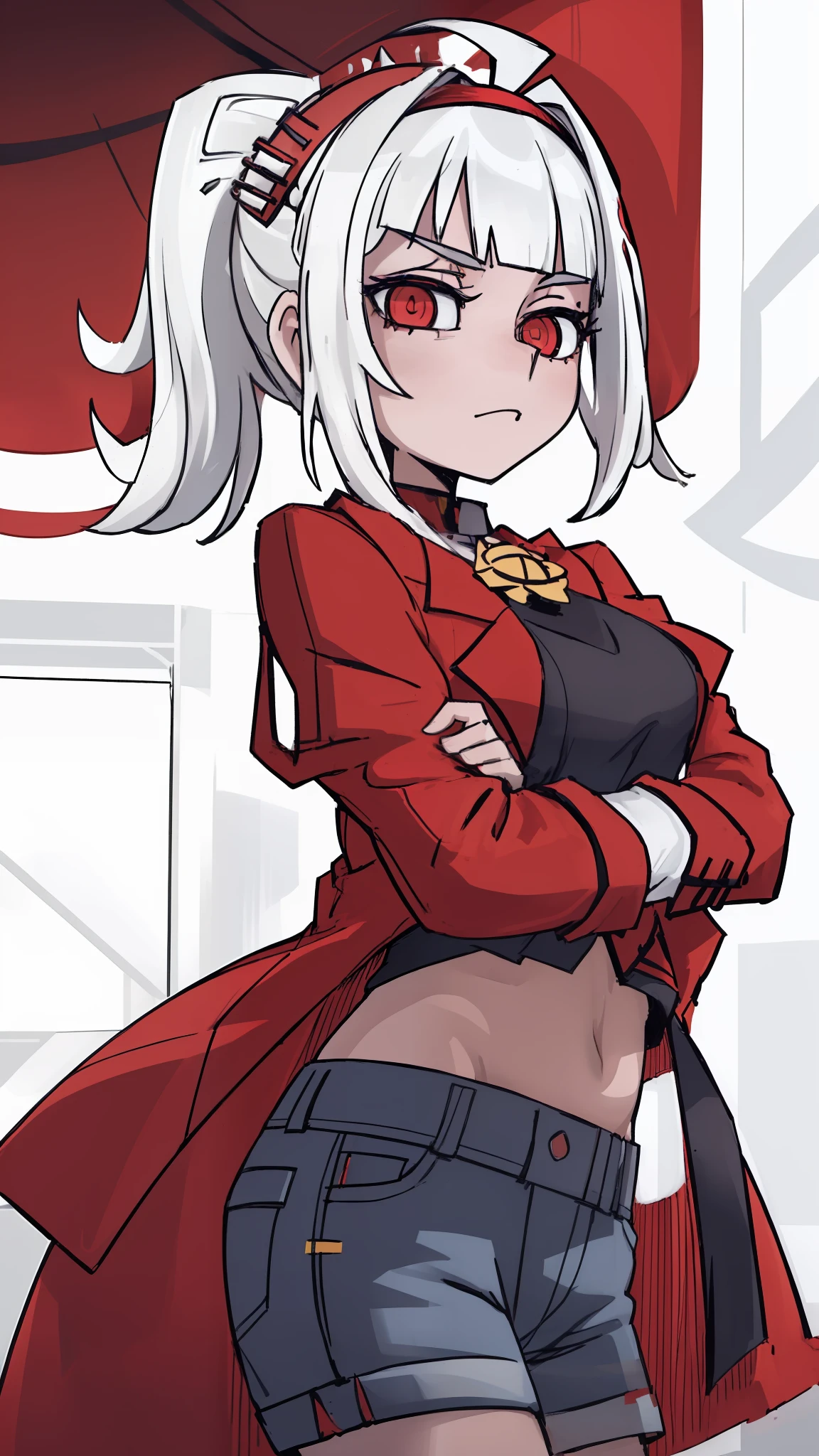 (((masterpiece))),(((bestquality))),((ultra-detailed)),(illustration),((anextremelydelicateandbeautiful)),dynamicangle,floating,(beautifuldetailedeyes),(detailedlight) (1girl), solo , floating_hair, eris greyrat, 1girl, ahoge, By bangs, cropped shoulders, redhairband, denim short, Keep one's mouth shut, Clothing cutting,Red coat, white under lingerie, shairband, short detailed hair, longer sleeves, looking at viewert, Black eyes,White hair,Shoulders exposed,simple backgound,A high resolution,haaam,mushoku tensei,revealing her belly,pony tails
