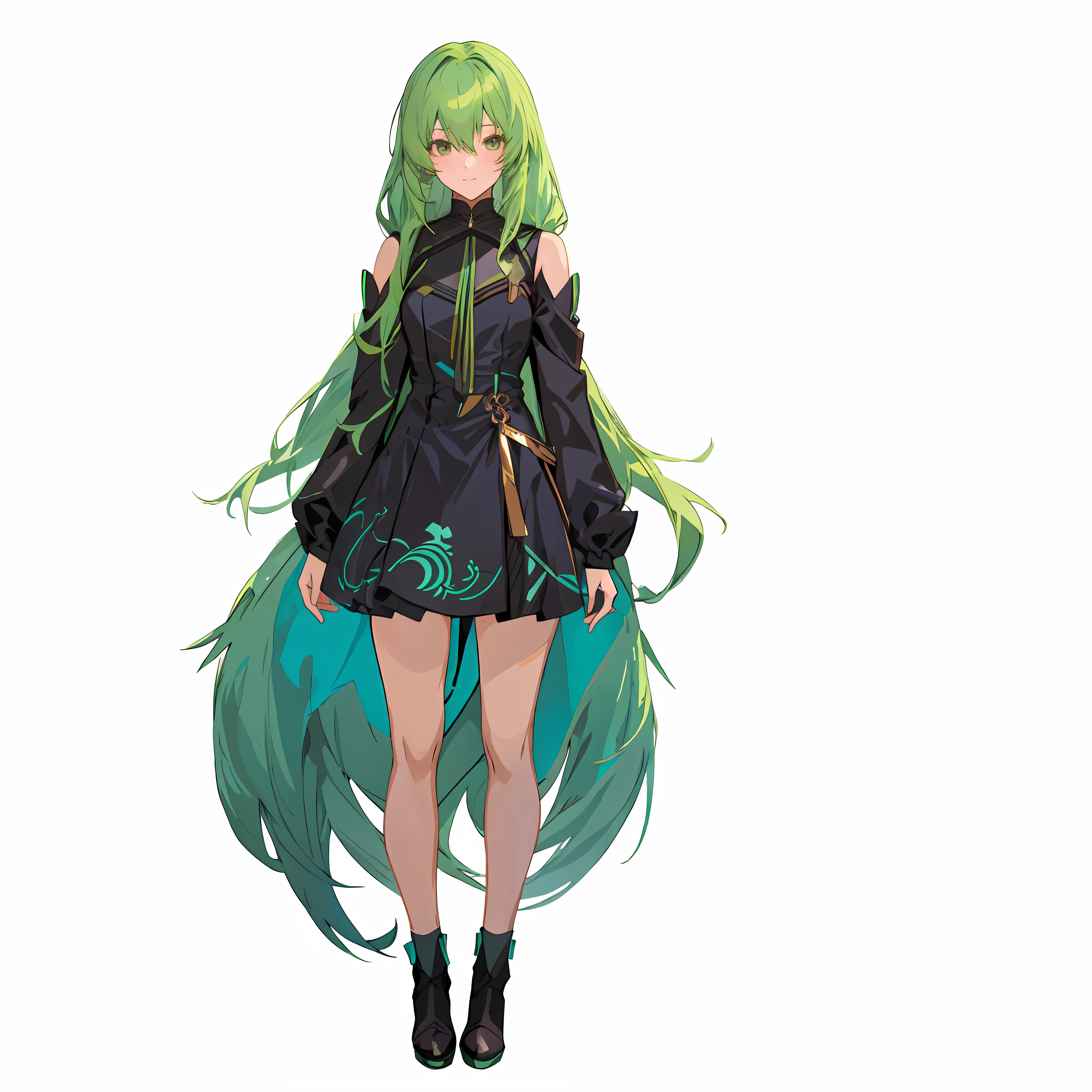 Anime girl with green hair and black dress standing in front of white background, green flowing hair, cute anime waifu in a nice dress, Anime girl with long hair, Anime girl with teal hair, rogue anime girl, anime full body illustration, official character art, dressed with long fluent clothes, Anime girl wearing black dress, fus rei, pretty anime character design