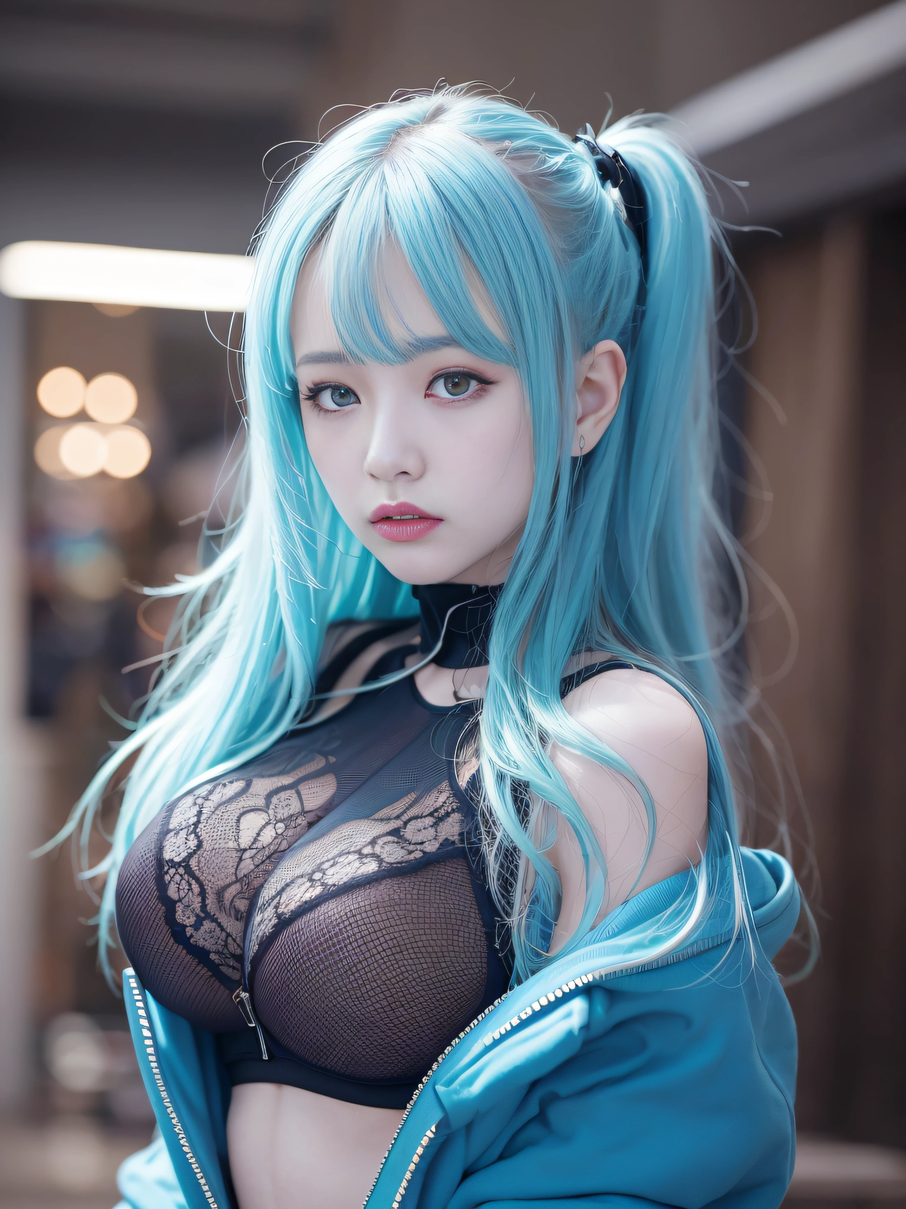 top-quality、​masterpiece、超A high resolution、(Photorealsitic:1.4)、Raw photo、Detailed CG image quality、cyberpunked、Beautiful fece、1girl in、Future hair ornament、(Blue enamel jacket:1.3)、cleavage of the breast、(Hard erection:1.4)、( looking upwards:1.4)、detailed portrait、8K picture quality、bright colour、concept-art、Cinematic and dramatic atmosphere、foco nítido、Volumetric lighting、Cinematographic lighting、Wearing studio quality、Colorful neon lighting、depth of fields、Ambient lighting、Blurred foreground、blurry backround:1.3、