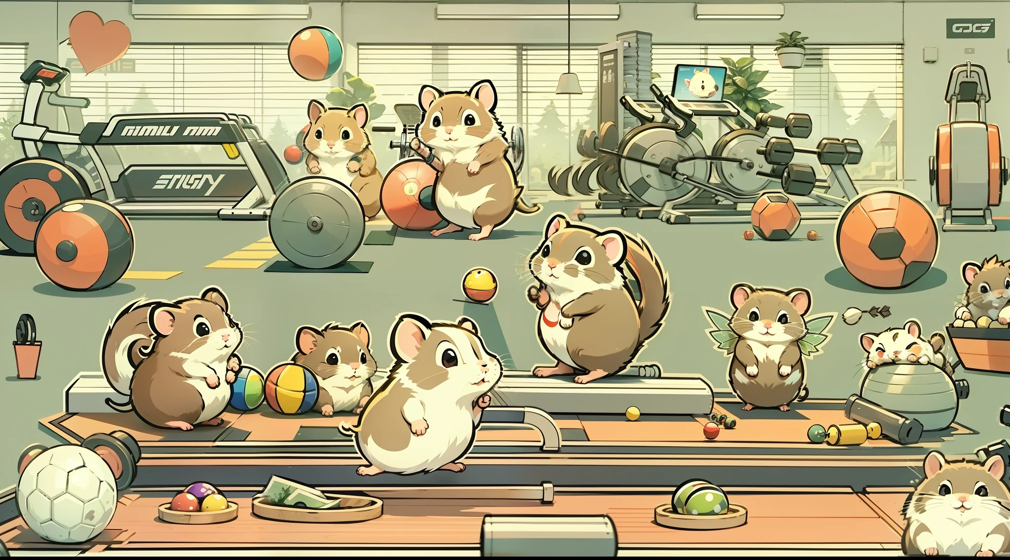 Fairy tale picture book,Hamster gym,Treadmill,jogging,lifting weights,Fitness balls, flags, vectorial, Line art, designs, Inspiration, straightened, 对称