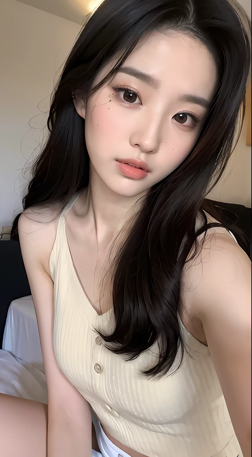 ((Top quality, 8k, Masterpiece: 1.3)), beauty, hidden face, 2 girls, beauty: 1.3, slender abs: 1.1, camisole vest, long black hair, (sitting on bed), ultra-detailed face, highly detailed lips, detailed eyes, double eyelids