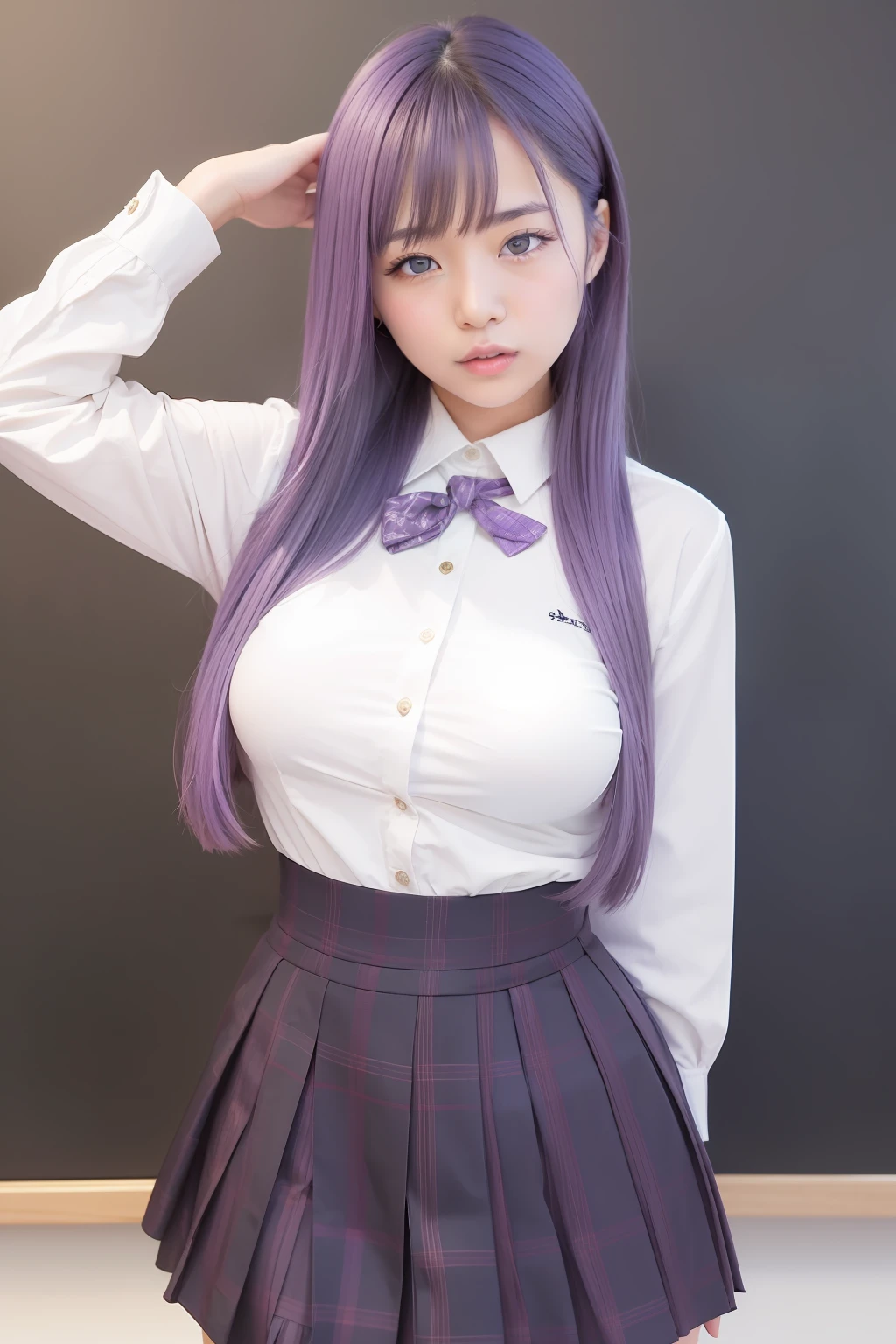 arafed asian woman in a school uniform posing in front of a blackboard, a hyperrealistic schoolgirl, wearing japanese school uniform, hyperrealistic schoolgirl, japanese girl school uniform, wearing school uniform, japanese school uniform, realistic schoolgirl, girl wearing uniform, cute schoolgirl, wearing a school uniform, jk uniform, school girl, korean girl, (1girl blue eyes light purple hair), big ass full breasts until waiting wearing, (mini sexy swinging skirt round: 1.3), varied poses.